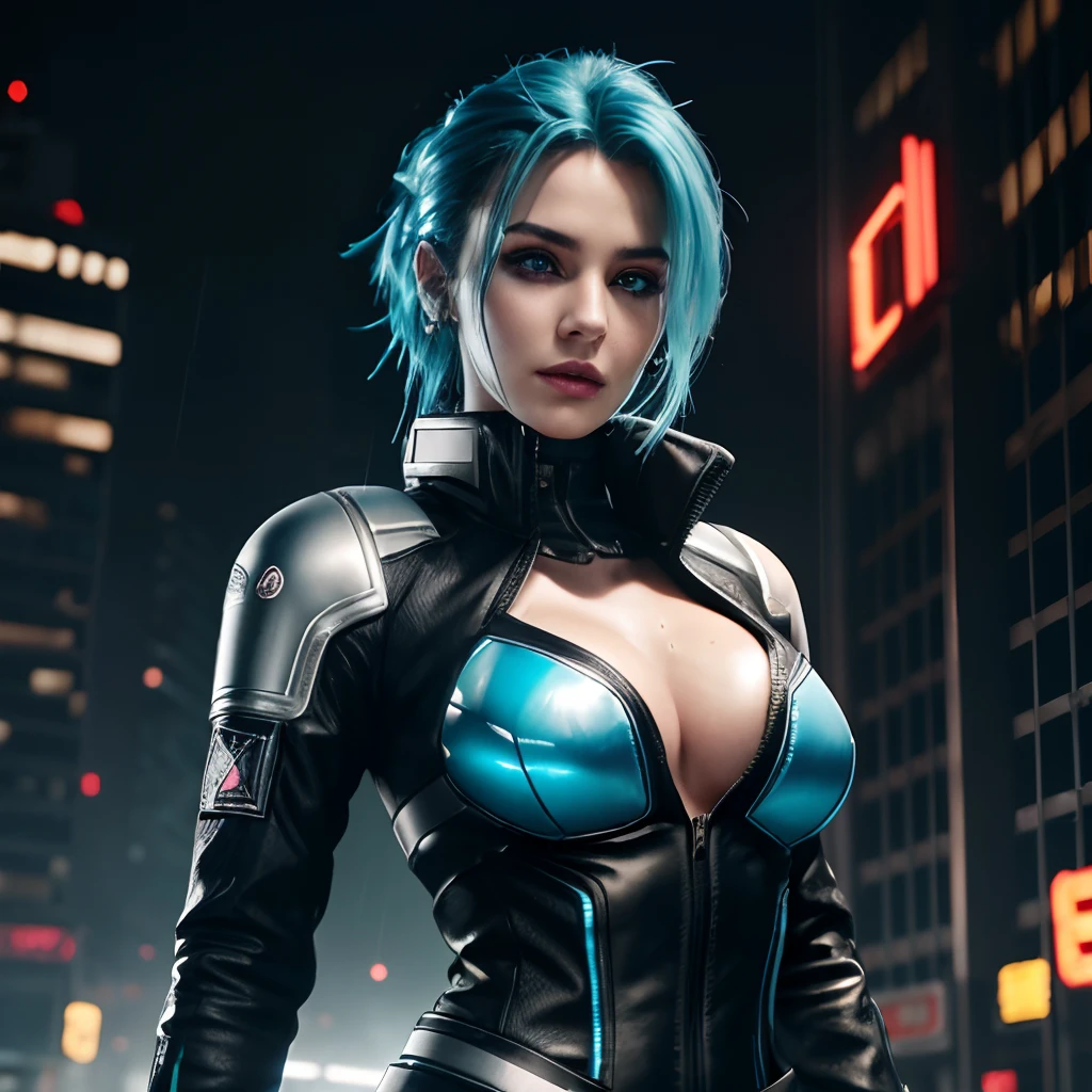 complex 3d render ultra detailed of a beautiful blue_haired hungarian mature woman holding pistol, cyberpunk lighting, rim light, vibrant details, cyberpunk,1girl, cyberpunk_hair, sidecut, earring,tactical cyber catsuit, sidecut, tactical vest, combat gear, tactical gear, covered_navel, gradient, gradient_background,  medium_breasts, science_fiction, skin_tight, solo,  hold weapon, ((dark make-up, eyeliner, pale)), staring at camera, smirk, arrogant, light smile, realistic pistol, (dark rainy cyberpunk city background), wet hair, rain effect, oily skin, small cuts in face, wet, rain, real pistol, detailed pistol,4 fingers, ((heavy rain)),, ,rim lighting, sharp focus, low key, dim light,