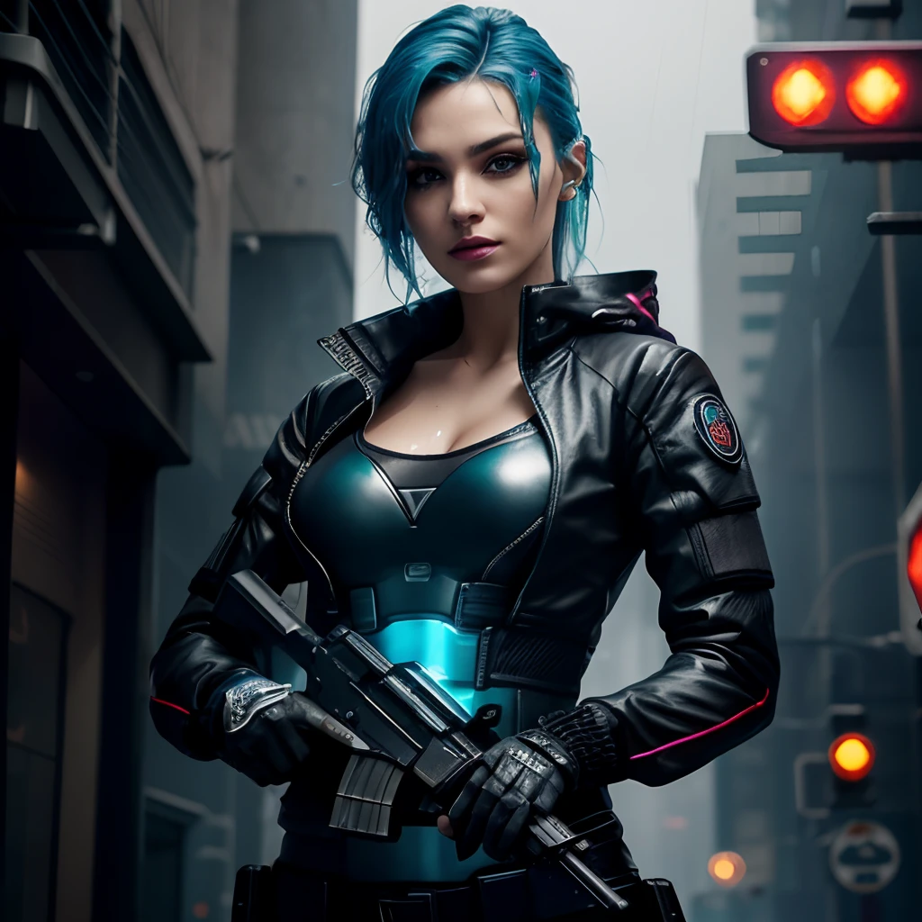 complex 3d render ultra detailed of a beautiful blue_haired hungarian mature woman holding pistol, cyberpunk lighting, rim light, vibrant details, cyberpunk,1girl, cyberpunk_hair, sidecut, earring,tactical cyber catsuit, sidecut, tactical vest, combat gear, tactical gear, covered_navel, gradient, gradient_background,  medium_breasts, science_fiction, skin_tight, solo,  hold weapon, ((dark make-up, eyeliner, pale)), staring at camera, smirk, arrogant, light smile, realistic pistol, (dark rainy cyberpunk city background), wet hair, rain effect, oily skin, small cuts in face, wet, rain, real pistol, detailed pistol,4 fingers, ((heavy rain)),, ,rim lighting, sharp focus, low key, dim light,
