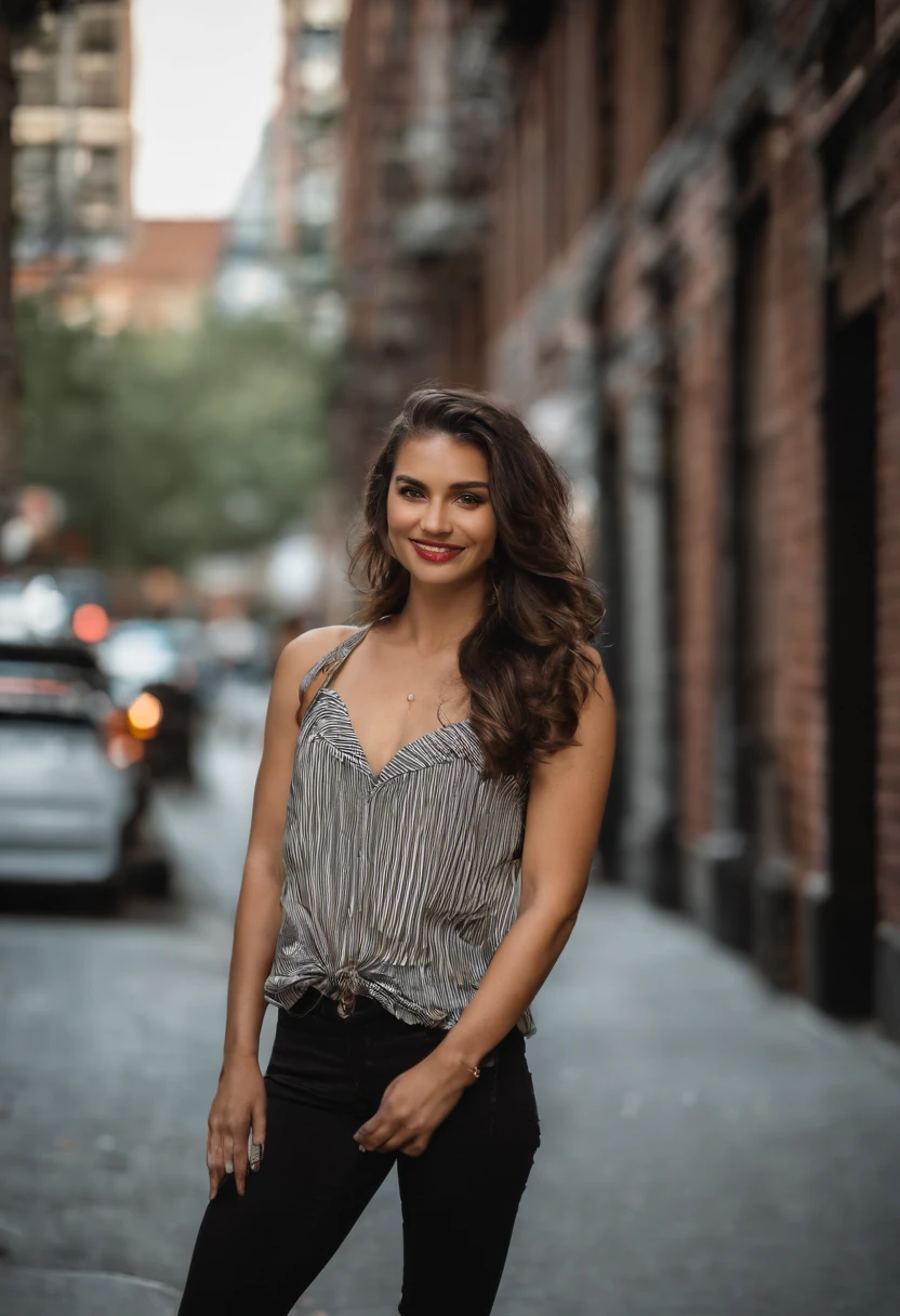 1girl,brunette idol, model, depth of field, photo, film, face, skinny, smile, collarbone, teeth, outside,ssummer , ice cream, new york city streets, skate roll s , sport leggings and elesse sport top