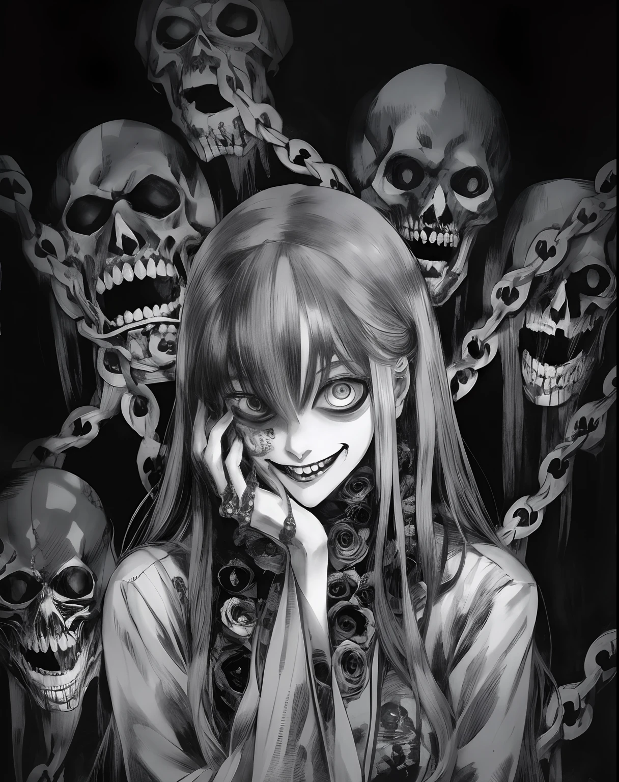 A black-and-white photo of a woman with long hair and a bunch of skulls, Manga de terror, Gapmoe Yandere Grimdark, Ilustraciones de Junji Ito, Sutil Junji Ito, Junji Ito 4 K, Retrato Gapmoe Yandere Grimdark, art style of junji ito, Estilo Junji Ito, malevolent smile, Estilo de Junji Ito