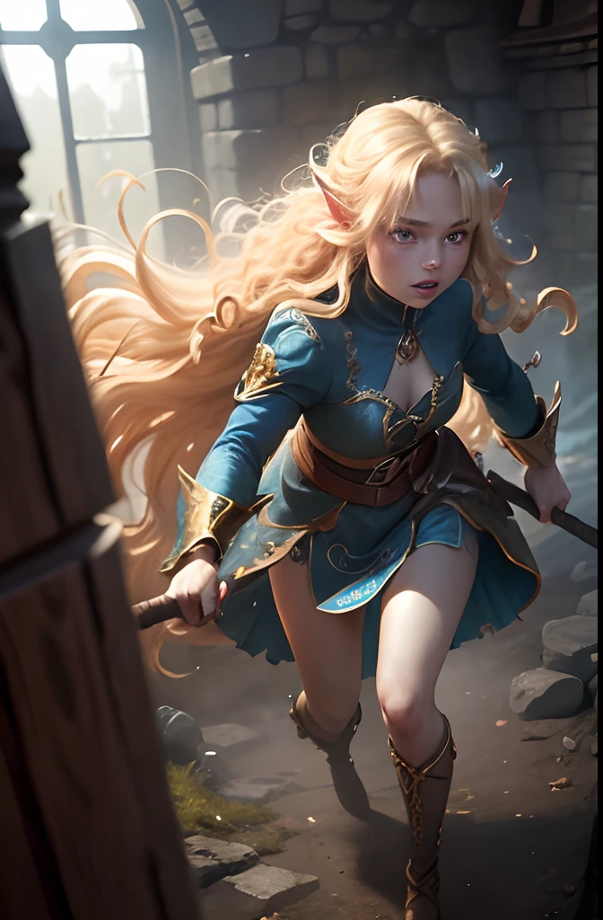 (1 girl) Blonde Elf. 20years old. Cyan eyes. (golden long curly hair, scattered in a mess:1.2). (Dirty blue dress with gold embroidery). high-heeled shoes. Beautiful Character Face. Detailed eyes and face, delicate features. , (Sexy). (1 Goblin Boy). Fights goblins in the middle of an underground labyrinth, The goblin attacks and tries to grab her, (with a wooden staff in his hand). Stone walls, light mist. Reaching Hands. Anxious atmosphere. Fantasy theme,. dramatic lighting. higly detailed. side-view.