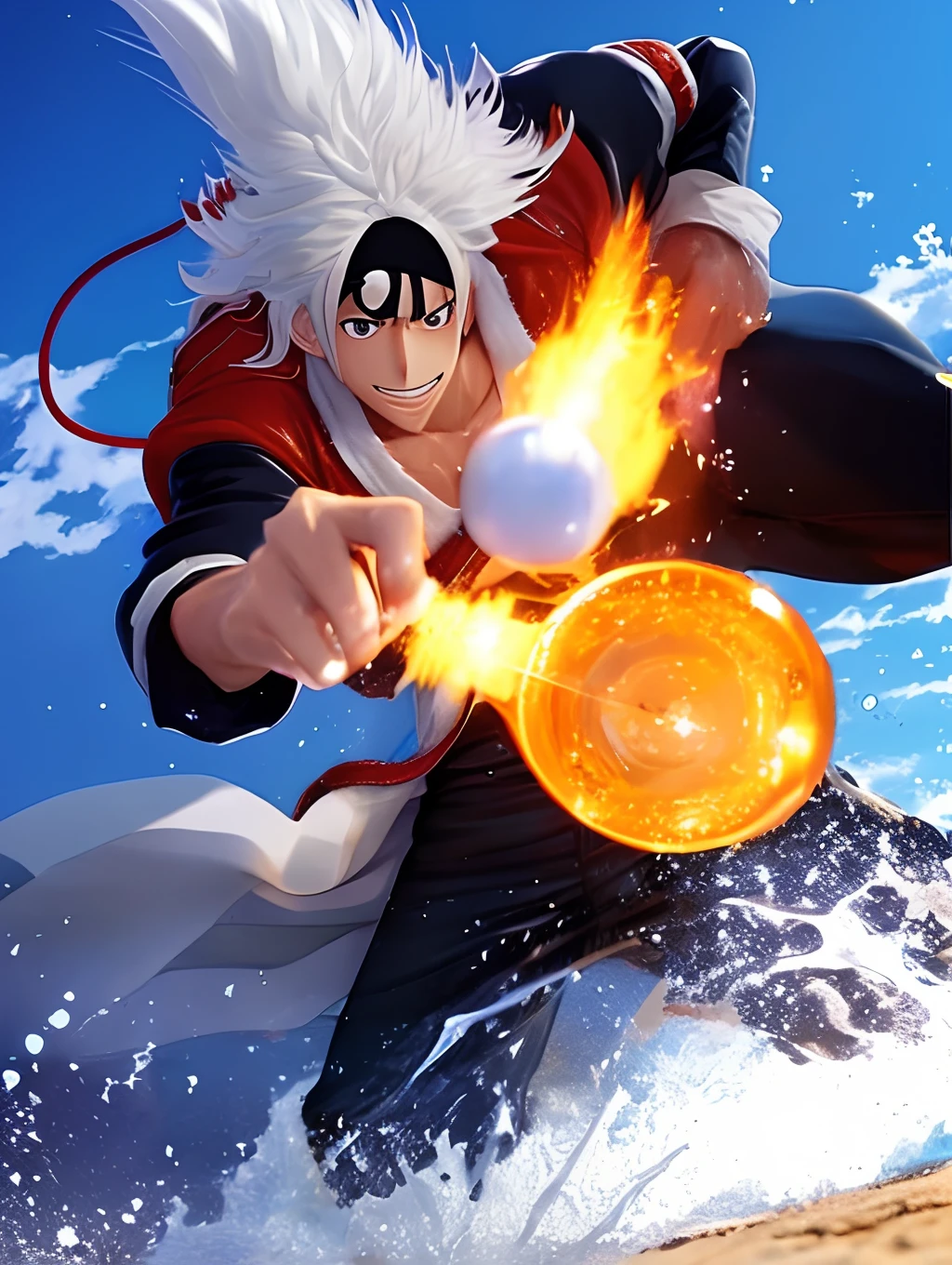 Generate a anime one piece image of Monkey D Garp playing valorant and streaming it to twitch