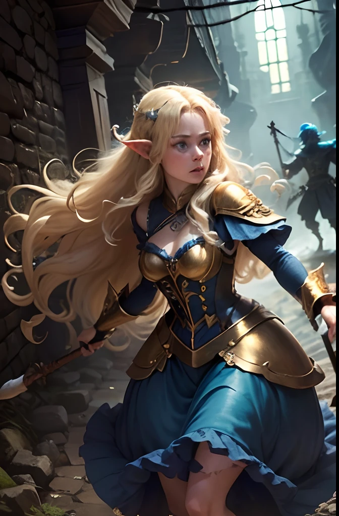 (1 girl) Blonde Elf. 20years old. Cyan eyes. (golden long curly hair, scattered in a mess:1.2). (Dirty blue dress with gold embroidery). high-heeled shoes. Beautiful Character Face. Detailed eyes and face, delicate features. , (Sexy). (1 Goblin Boy). Fights goblins in the middle of an underground labyrinth, The goblin attacks and tries to grab her, (with a wooden staff in his hand). Stone walls, light mist. Outstretching Hands. Anxious atmosphere. Fantasy theme,. dramatic  lighting. higly detailed. side-view.