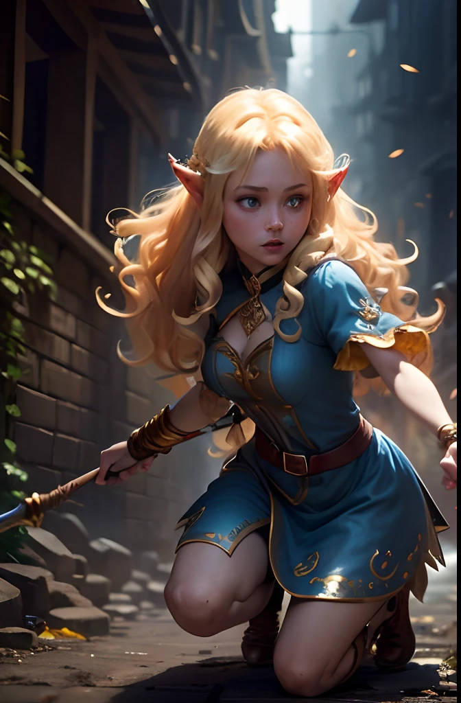 (1 girl) Blonde Elf. 20years old. Cyan eyes. (golden long curly hair, scattered in a mess:1.2). (Dirty blue dress with gold embroidery). high-heeled shoes. Beautiful Character Face. Detailed eyes and face, delicate features. , (Sexy). (1 Goblin Boy). Fights goblins in the middle of an underground labyrinth, The goblin attacks and tries to grab her, (with a wooden staff in his hand). Stone walls, light mist. Outstretching Hands. Anxious atmosphere. Fantasy theme,. dramatic lighting. higly detailed. side-view.