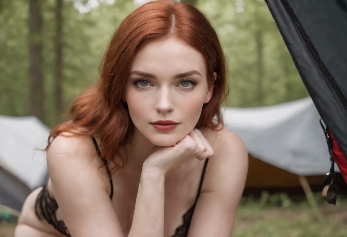 Beautiful, sexy, attractive redhead, black lingerie, sexy eyes, (camping), intimate, hot, sensual, on hands and knees, waiting, slutty, wide angle shot, (no extra legs), (No extra arms)