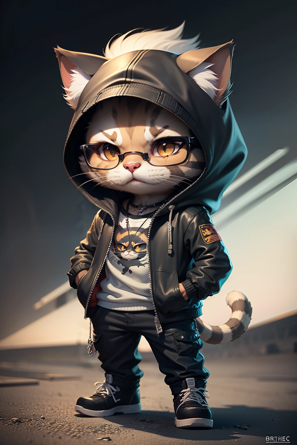 c4tt4stic, Gato preto dos desenhos animados na jaqueta e no skate, sun glasses,