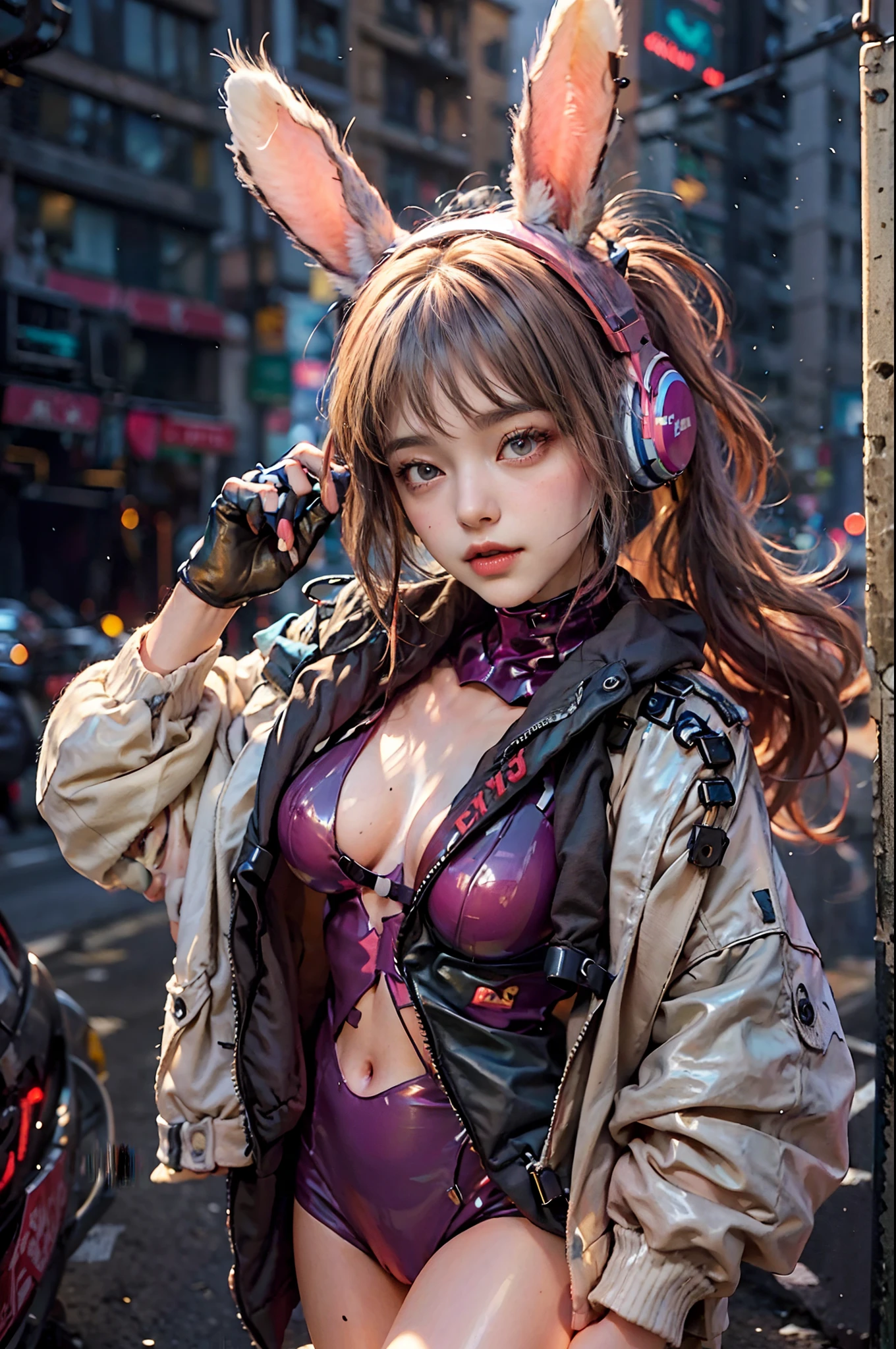 (Photo brute, Best quality, Masterpiece:1.2), (Realstic, photo-realistic:1.4),(Masterpiece:1.4),(Best quality:1.4),1fille, seulement, :D, animal ear headphones, arms up, frange, rougir, boDy, poitrine, Pose De lapin, clothes writing, nombril couvert, Tir De cowboy, cropped jacket, Gants, (((Cyberpunk City Streets Contexte))), Prises capillaires, casque, Combinaison impossible, impossible clothes, veste, gros seins, latex, Combinaison en latex, cheveux longs, manches longues, RegarDer le spectateur, gros seins, Gants multicolores, ouvrir bouche, boDy rose, yeux roses, veste rouge, glowing clothes, shrug \(Clothes\), sidelocks, peau tenDue, sourire, thigh gap, Cuisses, Twintails, very long hair, Gants blancs, cheveux blancs,Alice \(hocher\),(peau brillante),Realstic.