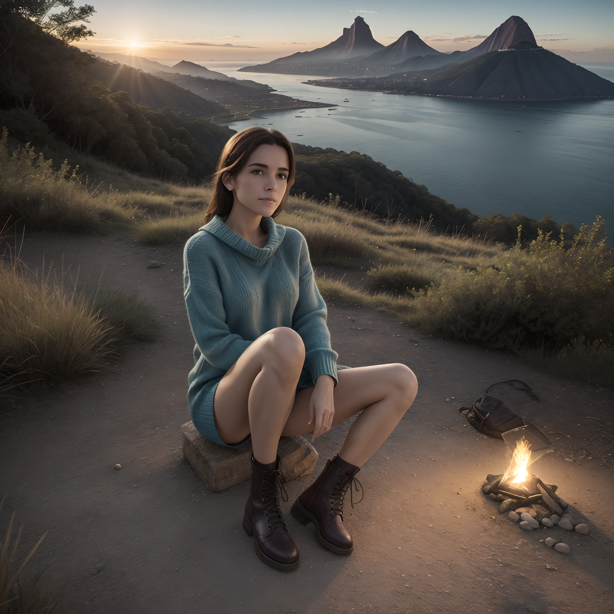 VeronicaCipher ((selfie de parte do corpo, Feliz)), obra-prima, melhor qualidade, Ultra Detalhado, sozinho, ao ar livre, (dia), montanhas, Natureza, (nuvens, piso,) Alegre, Feliz, mochila, Saco de dormir, camping stove, bottled water, botas de montanha, Curto curto, Luvas, pullover, kalap, lanterna, floresta, pedras, rio de janeiro, madeira, smoke billowing, Sombras, contraste, clear sky, analogue style (matiz quente, tom quente): 1.2), Close-up, cinematiclight, side-lighting, Ultra High Reflooring, melhor sombra, .RAW, Wearing Pullover Kodak Vision 3.