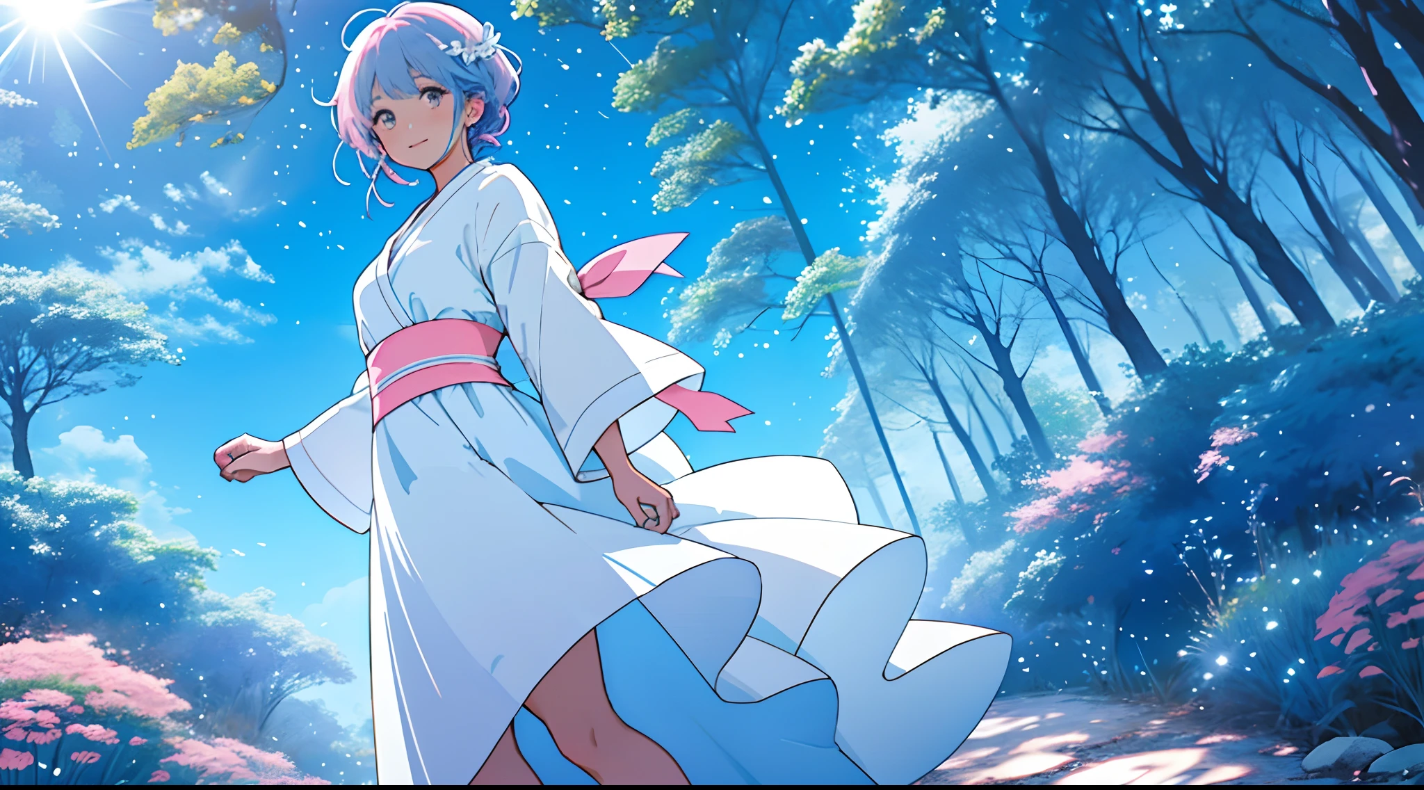 Una mujer en el bosque con la luz del sol en la cara, yukime, Pelo corto color azul cielo, White dress with pink ribbon waist, acercamiento al rostro