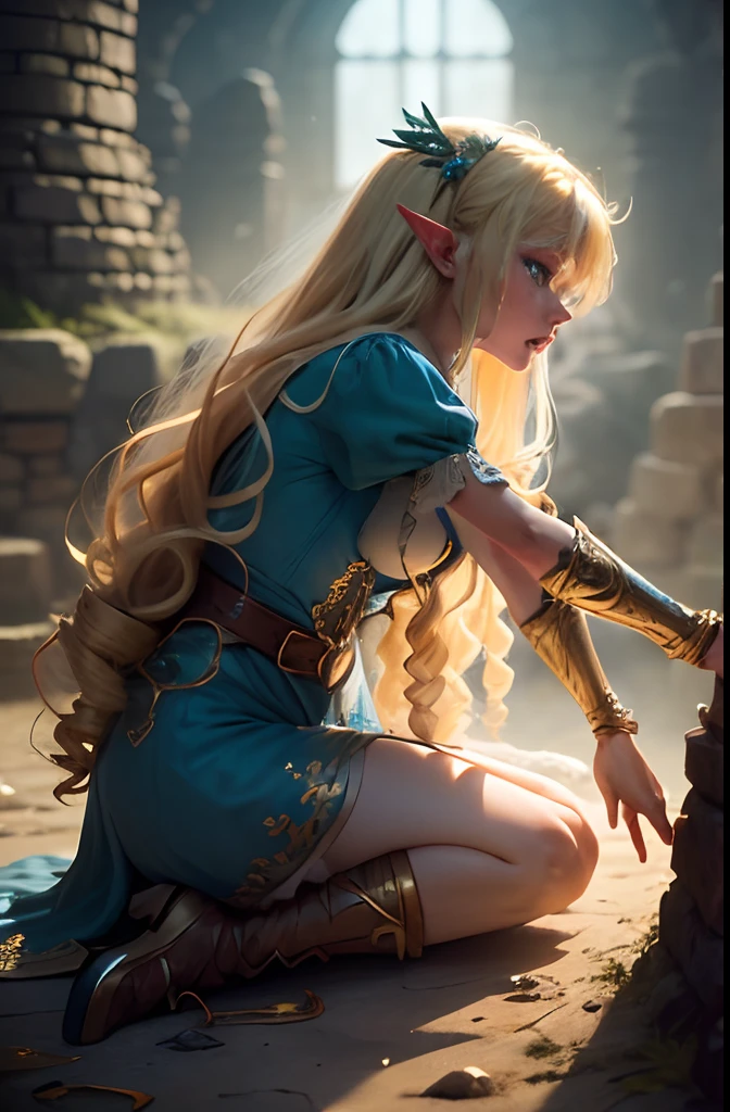 (Only 1 girl) (moaning, restrained, Sex with tentacles) Blonde Elf. 25 years. Cyan eyes. (golden long curly hair, scattered in a mess:1.2). (Dirty blue dress with gold embroidery). high-heeled shoes. Beautiful Character Face. Detailed eyes and face, delicate features, (Sexy). opened mouth. In the dungeon, (Surrounded by tentacles, Hard Tentacle Insertion). Stone walls, sticky liquid, light mist. Anxious atmosphere. Fantasy theme,. dramatic lighting. higly detailed. NSFW