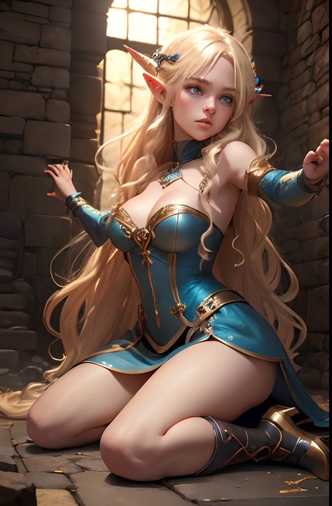 (1 girl) Blonde Elf. 20years old. Cyan eyes. (golden long curly hair, scattered in a mess:1.2). (Dirty blue dress with gold embroidery). high-heeled shoes. Beautiful Character Face. Detailed eyes and face, delicate features, (Sexy). She fights a goblin in the middle of an underground labyrinth. (1 A Goblin Boy Attacks and Tries to Capture Her), Stone walls, light mist. Outstretching Hands. Anxious atmosphere. Fantasy theme,. dramatic  lighting. higly detailed. side-view.