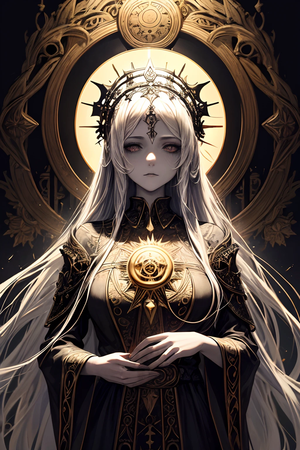a art of a woman with a sun crown on her head, (((occult art))), extremely detailed goddess ancient art, goddness. extremely detailed, occult inspired, sun gods inspiration, (faded drawing :1.2), snobbish face, (gothic art style, eerie art style :1.3), faded colors