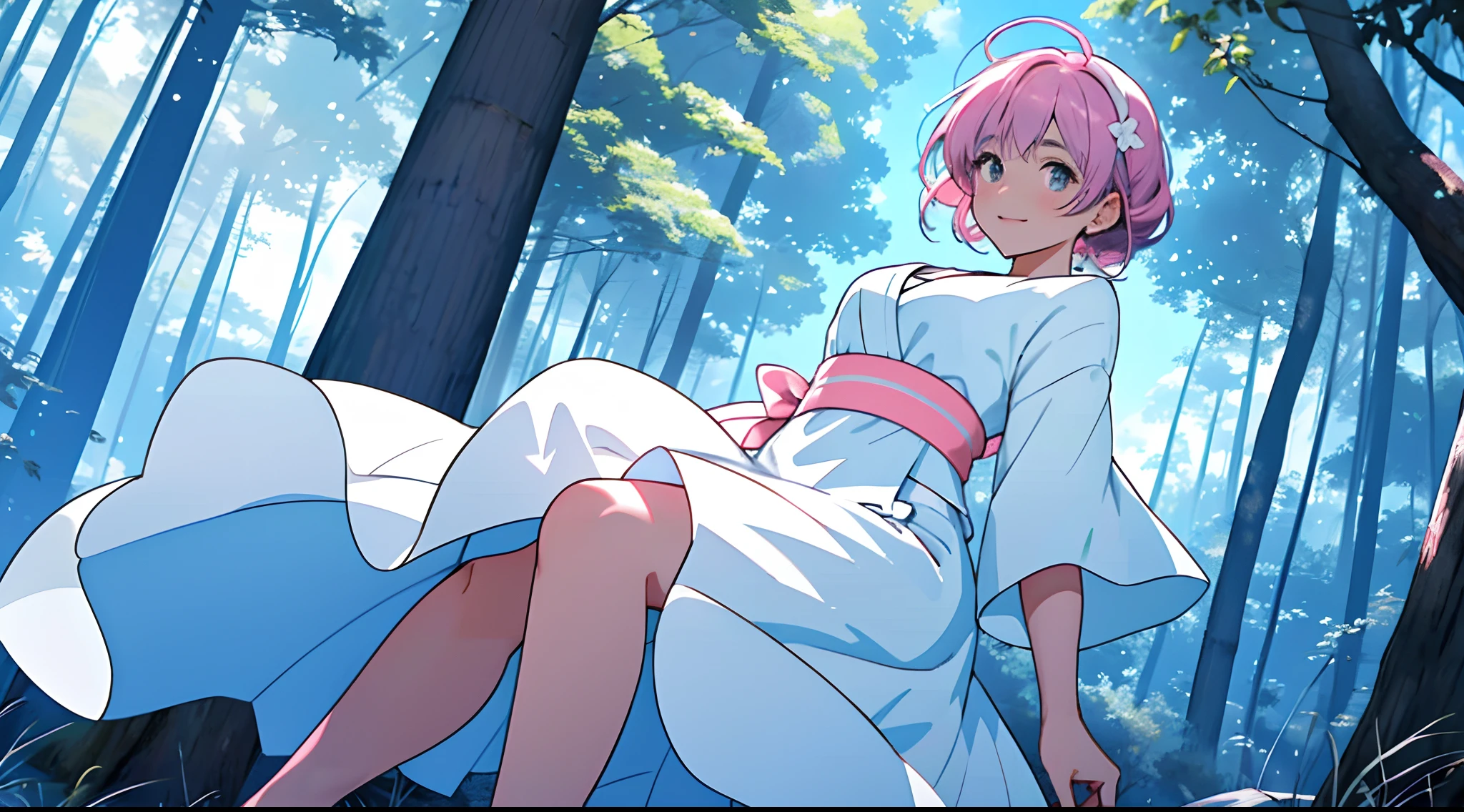 Una mujer en el bosque con la luz del sol en la cara, yukime, Pelo corto color azul cielo, White dress with pink ribbon waist, acercamiento al rostro