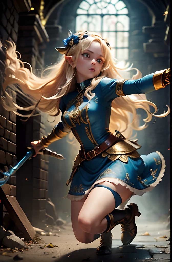(1 girl) Blonde Elf. 20years old. Cyan eyes. (golden long curly hair, scattered in a mess:1.2). (Dirty blue dress with gold embroidery). high-heeled shoes. Beautiful Character Face. Detailed eyes and face, delicate features, (Sexy). She fights a goblin in the middle of an underground labyrinth. (1 A goblin boy attacks her and tries to grab her), Stone walls, light mist. Outstretching Hands. Swinging a weapon. Anxious atmosphere. Fantasy theme,. dramatic lighting. higly detailed. side-view.