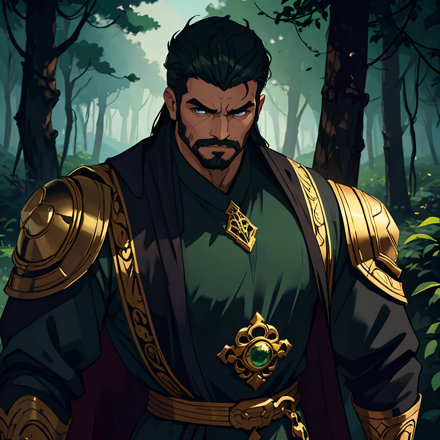 Wallpaper is a forest, um homem chamado Phong, best quality, master part, espadachim, Ultra high resolution, Antecedentes detalhados, Realistic, Hadesstyle, sozinho, macho, maduro, somente, macho maduro, longos cabelos brancos, cabelo branco, facial hair, (tema), fantasia sombria, Evil, profundidade de campo, segurando seu peito, Tossir, engasgo, Black and green tunic with gold details