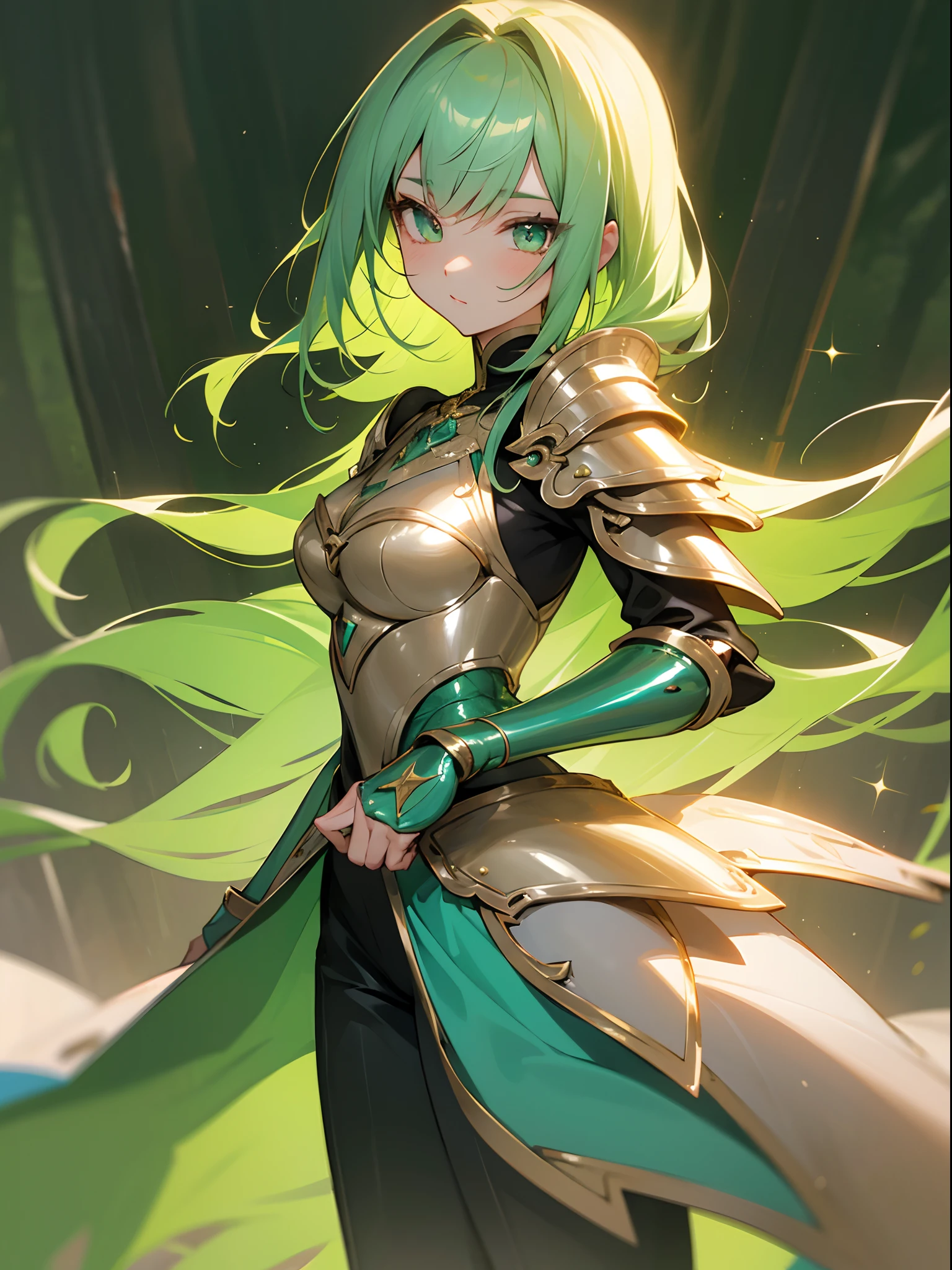 digital art, very soft and cute style, an anime girl, pretty face, pretty hair, (super glittery hair), green hair, shining eyes, looks alluring and very confident, wearing fancy armor, sexy armor, (super glittery), (colorful), grand accessories, (very glittery), quite sexy, standing, omit ugly hands, body shot, forest background, very soft and cozy atmospheres