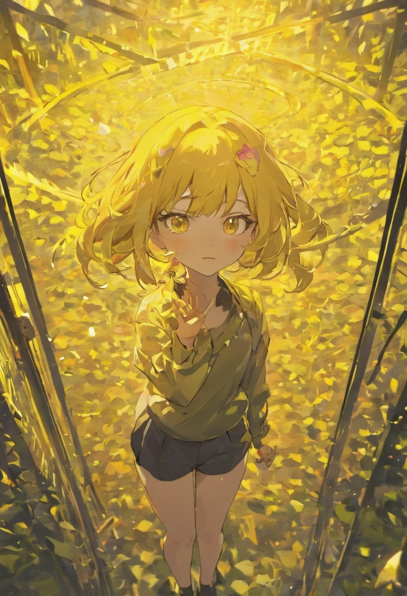 uma mulher branca com cabelo amarelo e preto pela metade, em uma paisagem de jardim.