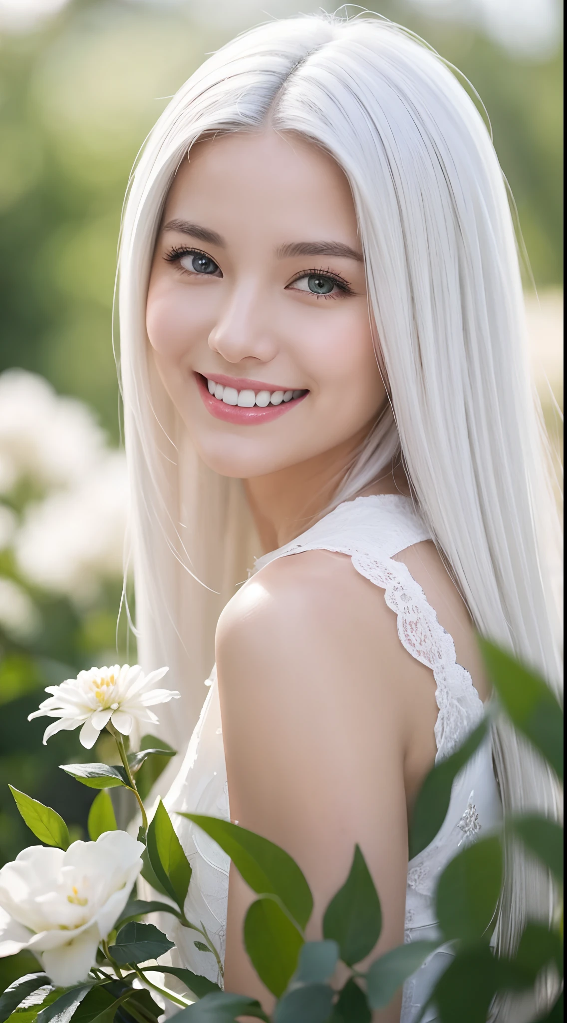 masterpiece, best quality, 1girl, white hair, smiling, looking at viewer, adult, fully mature, holding flower