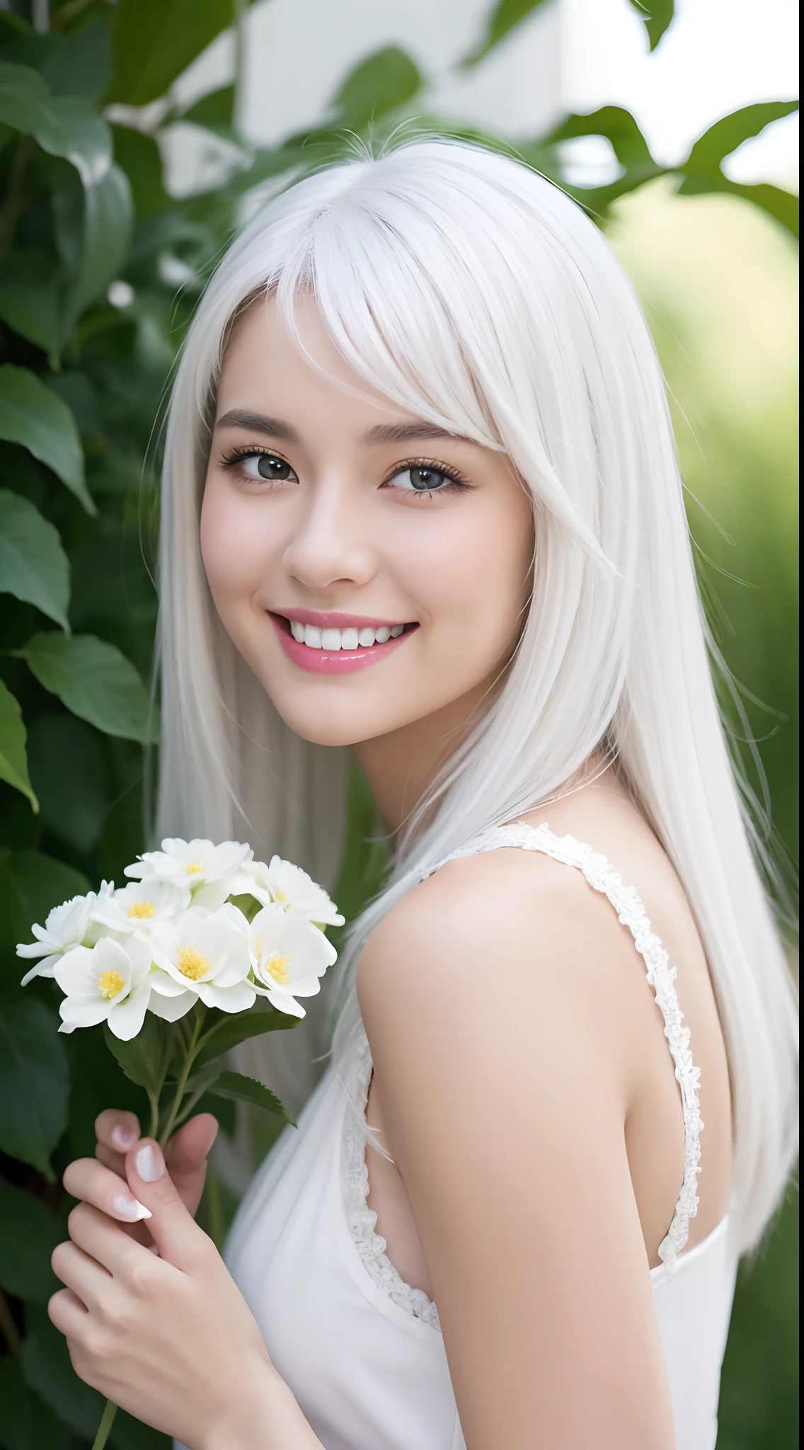 masterpiece, best quality, 1girl, white hair, smiling, looking at viewer, adult, fully mature, holding flower