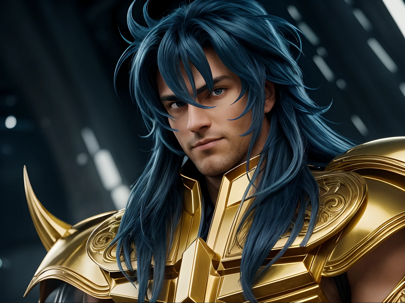 Cinematic stunningly detailed and ultra-realistic Milo Scorpio of Saint Seiya. Close up. Half-body. He is wearing a medieval armor, (full golden armor), shoulder armor, near starry Skye background, (detailed armor, high quality), (ornate armor), Octane is the perfect tool to capture the softest details of this 16k photography masterpiece. He is a handsome caucasian man about 30 years old. 1boy. Caucasian. Beautiful face. Detailed face. Beautiful nose. ((Pretty big blue eyes)). Perfect eyes. Defined eyes. ((Shaved)). ((Smaller nose)) He has long ((blue)) hair. Messy hair. Bands. Slightly smile. He is staring his enemy. (detailed armor, high quality), (hdr), (noble), inspiring, film, cinematic lighting, goldentech. No strabic.