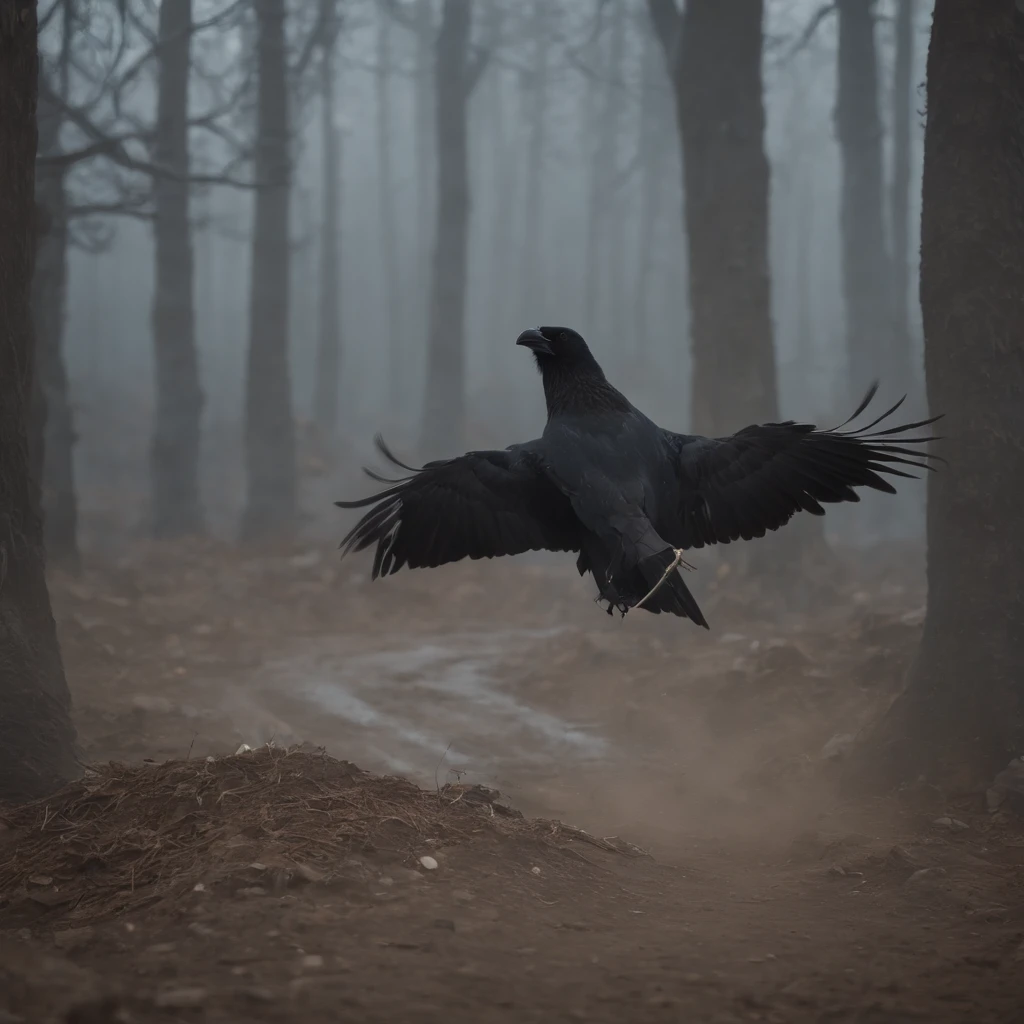 Two crows in a dead tree, Uma sombra em Forma de andador, Noite estrelada, Thick fog on the ground, Luz azul no horizonte, Motor Unreal 5, cinemactic, Low-angle photography, motion blur, proFundidade de campo, dust, Cobblestones and dirt. arte splash, pingando tinta. Perfect color classification. inFluenciado por karel Appel e jeremy mann, Full of dramatic and threatening scenes, hiper-detalhado, Beautiful, detalhes insanos, detalhes intrincados, FotograFia Editorial, FotograFado com uma lente de 50mm, proFundidade de campo, Tilt Blur, Velocidade do obturador 1/1000, F/22. Mapas de luz, super brilhante