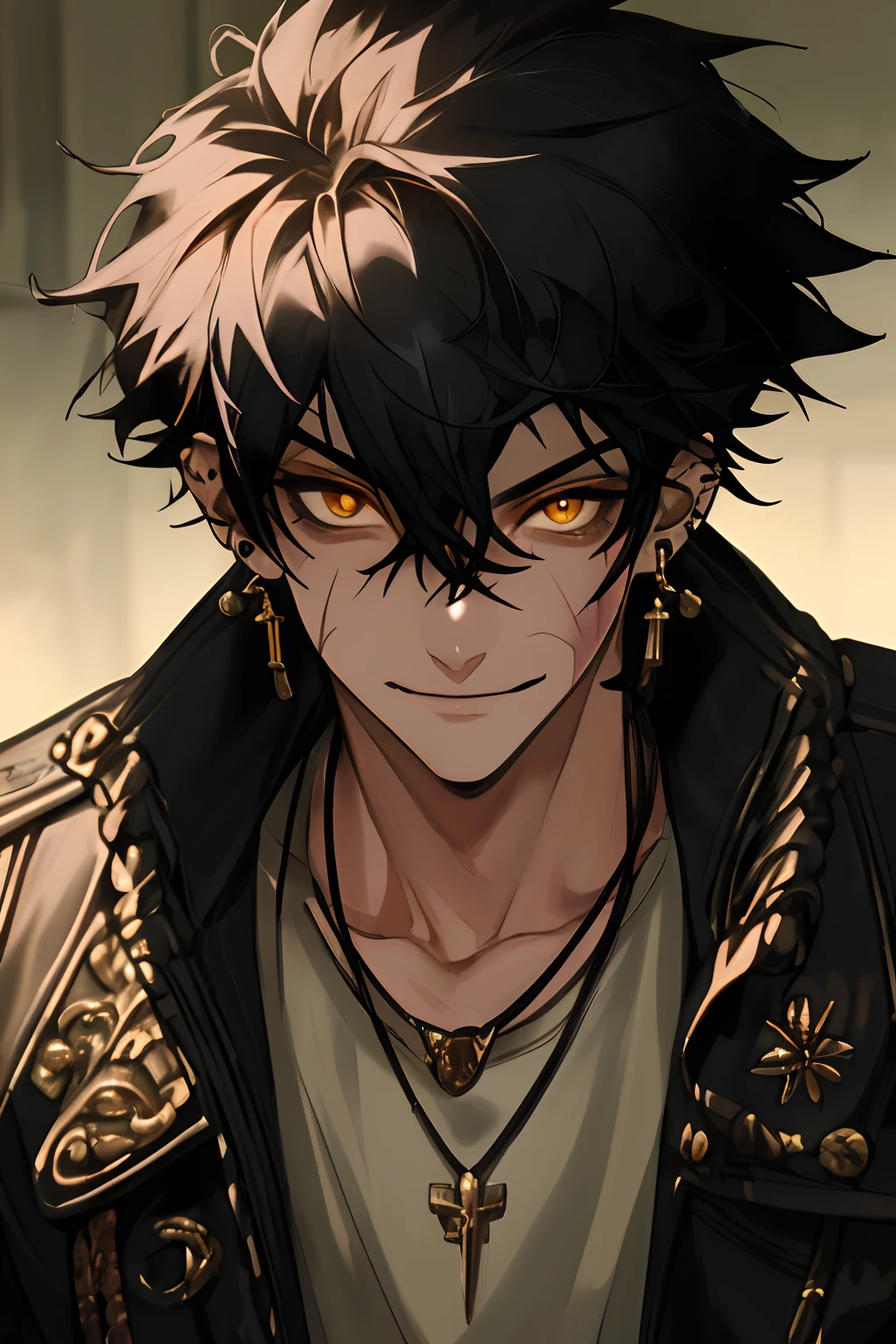 Masterpiece, absurdres, fine detail, HDR,
solo, looking at viewer, smile, shirt, black hair, 1boy, hair between eyes, jewelry, jacket, yellow eyes, upper body, male focus, earrings, necklace, ear piercing, FH scar across his nose and scar across his right eye
