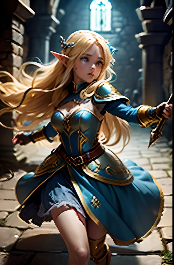 (1 girl) Blonde Elf. 20years old. Cyan eyes. (golden long curly hair, scattered in a mess:1.2). (Dirty blue dress with gold embroidery). high-heeled shoes. Beautiful Character Face. Detailed eyes and face, delicate features, (Sexy). She fights a goblin in the middle of an underground labyrinth. (1 A goblin boy attacks her and tries to knock her down), Stone walls, light mist. Outstretching Hands. Brandishing Weapons, fencing. Infighting. Anxious atmosphere. Fantasy theme,. dramatic lighting. higly detailed. side-view.