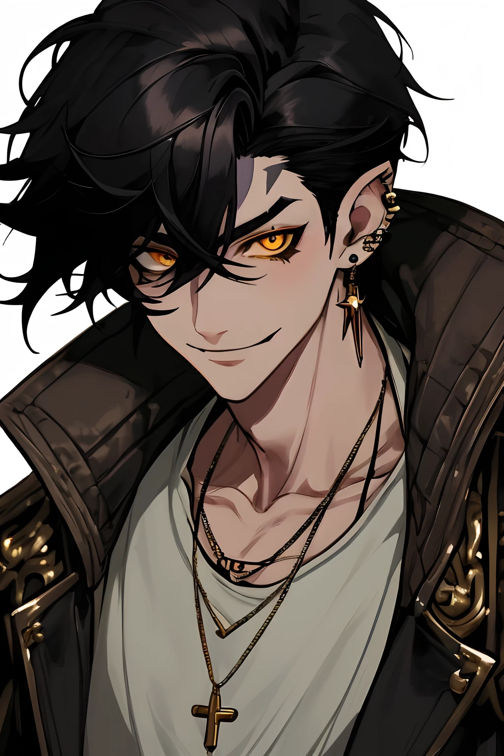 Masterpiece, absurdres, fine detail, HDR,
solo, looking at viewer, smile, shirt, black hair, 1boy, hair between eyes, jewelry, jacket, yellow eyes, upper body, male focus, earrings, necklace, ear piercing, FH scar across his nose and scar across his right eye