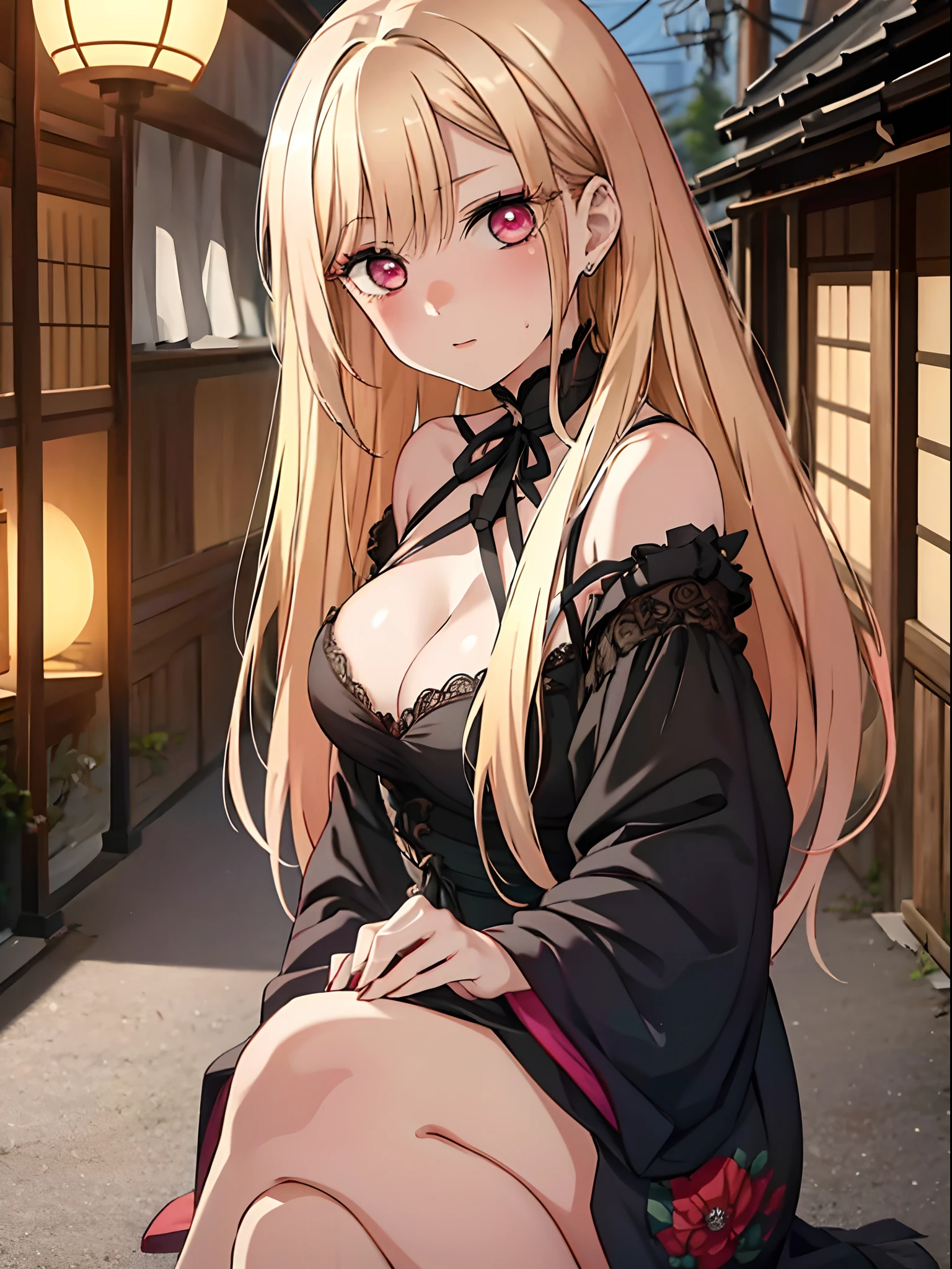 hight resolution, Schatten, absurdres, bester_Quality, Ultra_Detailliert, 8K, extremely_klar, Foto, beautiful, Beautiful face, Scharfer Fokus, HDR, 1girl, Saubere Augen, wide-eyed,Background of a Japanese small old town street with paper lanterns, um Mitternacht, Background darker than the girl in front of it, Beautiful face, big tits, sehr roter Warzenhof, stehend , stehnde brustwarzen, very seductive pose, Blutjung, Kein BH, nackt, nackte Brust, nackte Brust, Kein Top, NSFW, Blond long hair with red stripes, black dress