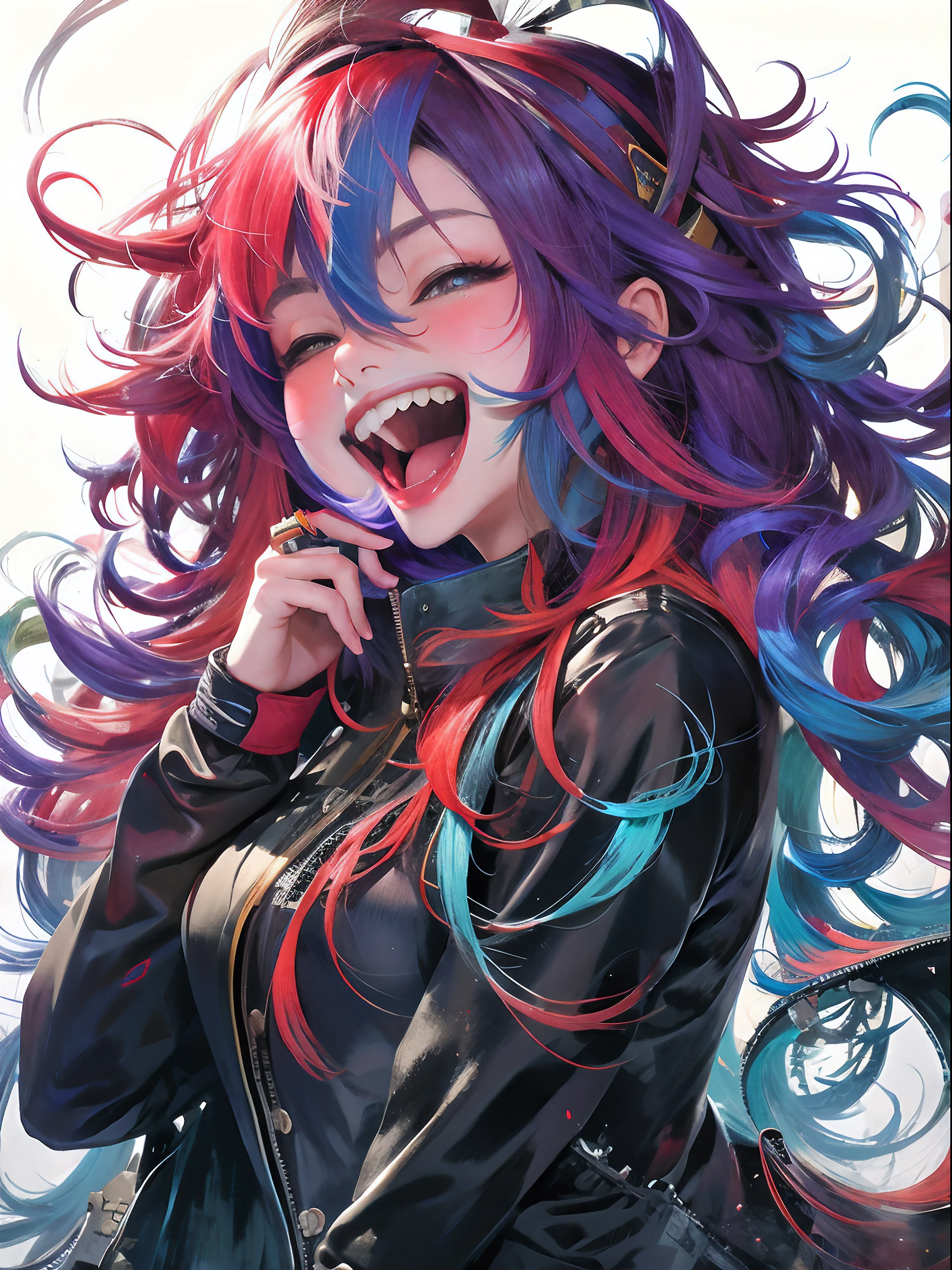 chica anime con pelo largo y pelo rojo y azul cantando, Anime Moe Artstyle, Anime visual de una chica linda, [[[[sonriendo malvado]]]], expressing joy. por Krenz Cushart, Chica anime con pelo largo, high quality anime artstyle, Arte detallado del personaje de anime, Arte de anime clave detallado, Ilustraciones oficiales