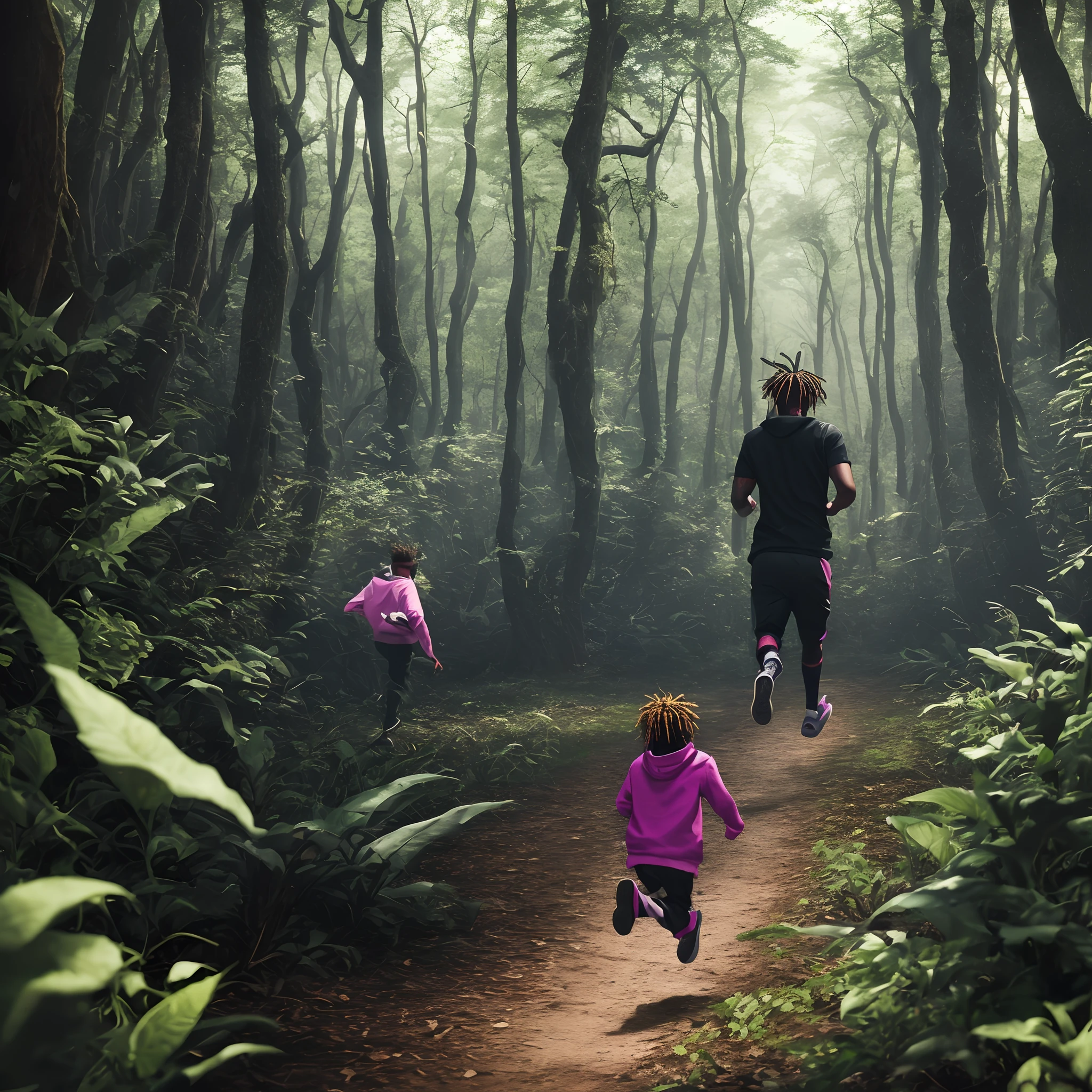 Indigenous girl chases indigenous boy through the forest