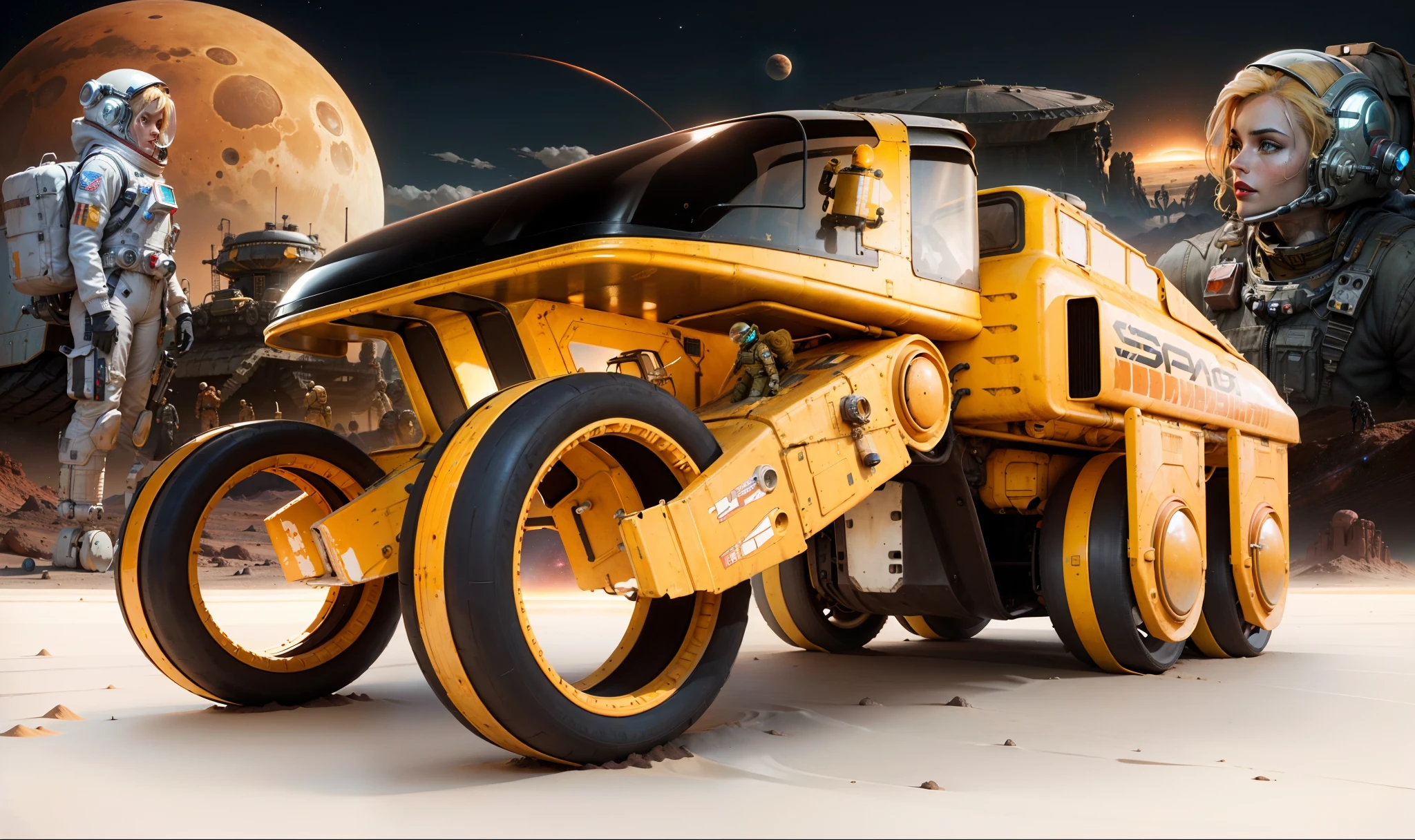 Um poderoso, rusty vehicle used with all the sci-fi gadgets running on a Mars surface with tire tracks on the Martian soil, Behind an astronaut standing watching the horizon of the planet and a beautiful blonde woman astronaut with red lips in spacesuits standing still, Alien constructions in the background and the sky with various planets of varying sizes