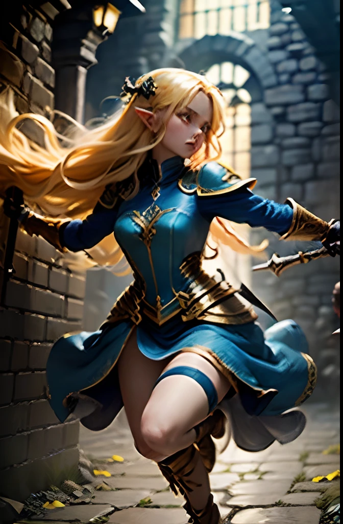 (1 girl) Blonde Elf. 20years old. Cyan eyes. (golden long curly hair, scattered in a mess:1.2). (Dirty blue dress with gold embroidery). high-heeled shoes. Beautiful Character Face. Detailed eyes and face, delicate features, (Sexy). She fights a goblin in the middle of an underground labyrinth. (1 A goblin boy attacks her and tries to knock her down), Stone walls, light mist. Outstretching Hands. Brandishing Weapons, fencing. Infighting. Anxious atmosphere. Fantasy theme,. dramatic  lighting. higly detailed. side-view.
