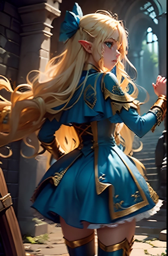 (1 girl) Blonde Elf. 20years old. Cyan eyes. (golden long curly hair, scattered in a mess:1.2). (Dirty blue dress with gold embroidery). high-heeled shoes. Beautiful Character Face. Detailed eyes and face, delicate features, (Sexy). She fights a goblin in the middle of an underground labyrinth. (1 A goblin boy attacks her and tries to knock her down), Stone walls, light mist. Outstretching Hands. Brandishing Weapons, fencing. Infighting. Anxious atmosphere. Fantasy theme,. dramatic  lighting. higly detailed. side-view.