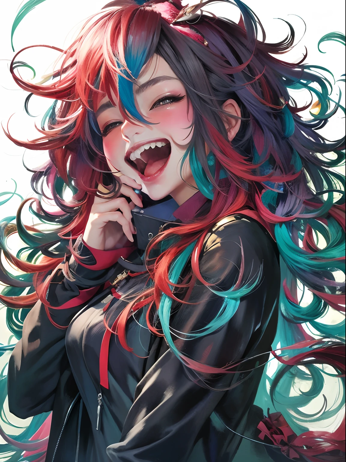 chica anime con pelo largo y pelo rojo y azul cantando, Anime Moe Artstyle, Anime visual de una chica linda, [[[[sonriendo malvado]]]], expressing joy. por Krenz Cushart, Chica anime con pelo largo, high quality anime artstyle, Arte detallado del personaje de anime, Arte de anime clave detallado, Ilustraciones oficiales