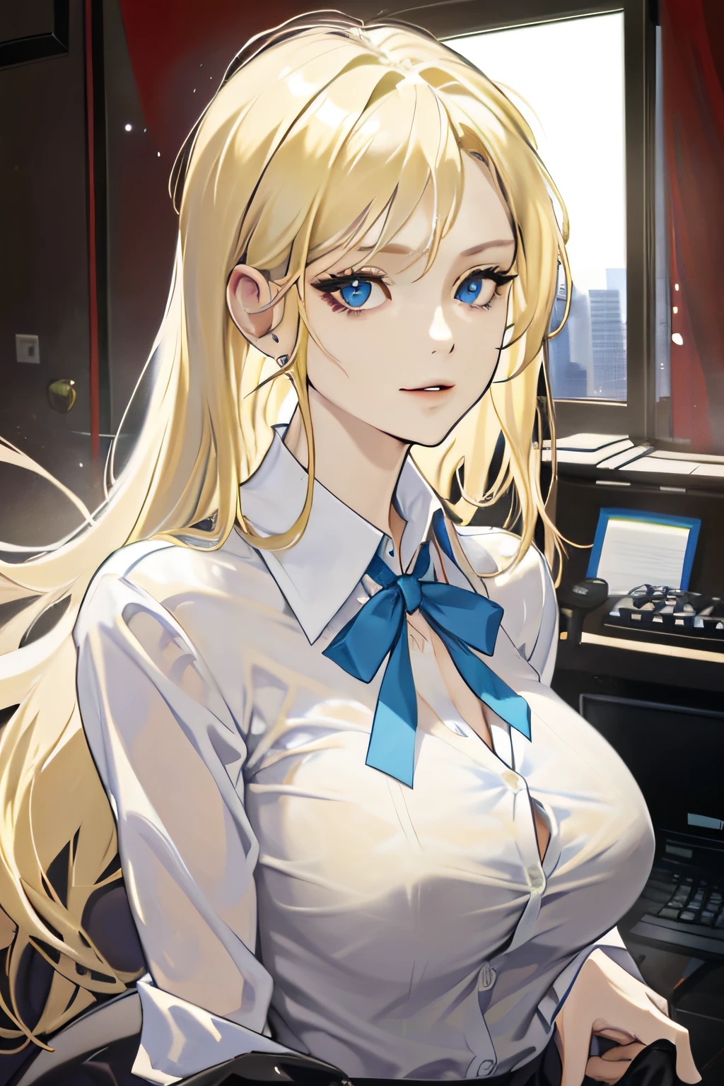 age 35 face, 1girl, blonde Hair, spoiled, seductive, secretary, snobby, large breasts, cleavage with lace bra, office worker