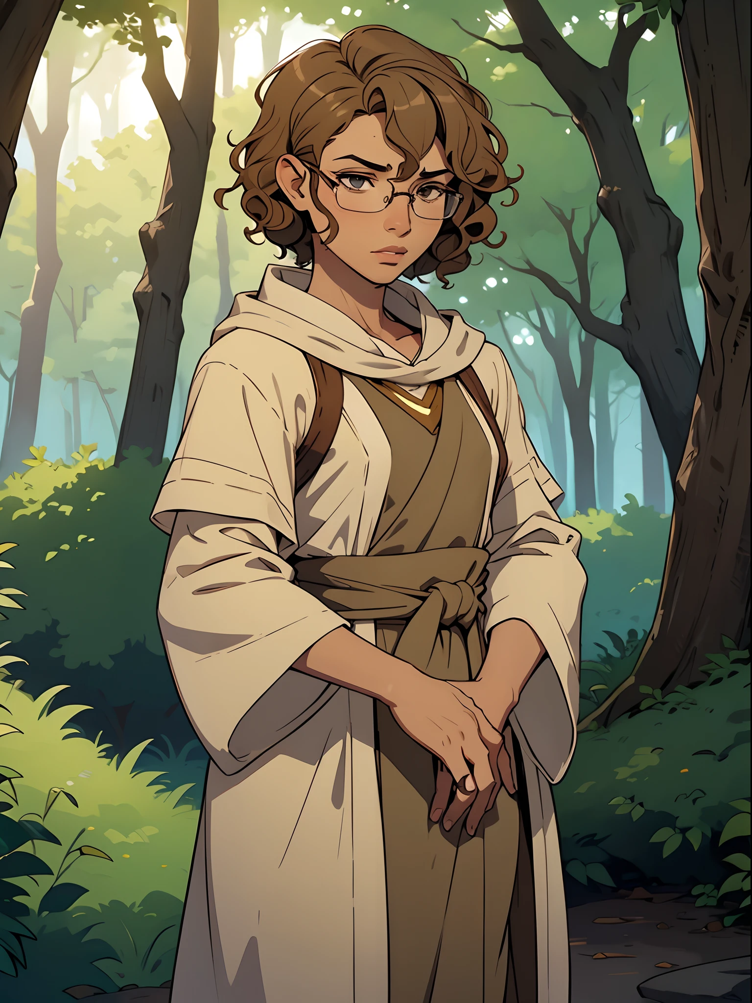 Solo, male, tan skin, tan hair, glasses, (((short hair, wavy hair))), linen tunic, cloak, nervous expression, forest, femboy, girly, feminine face, thick lips, eyelashes