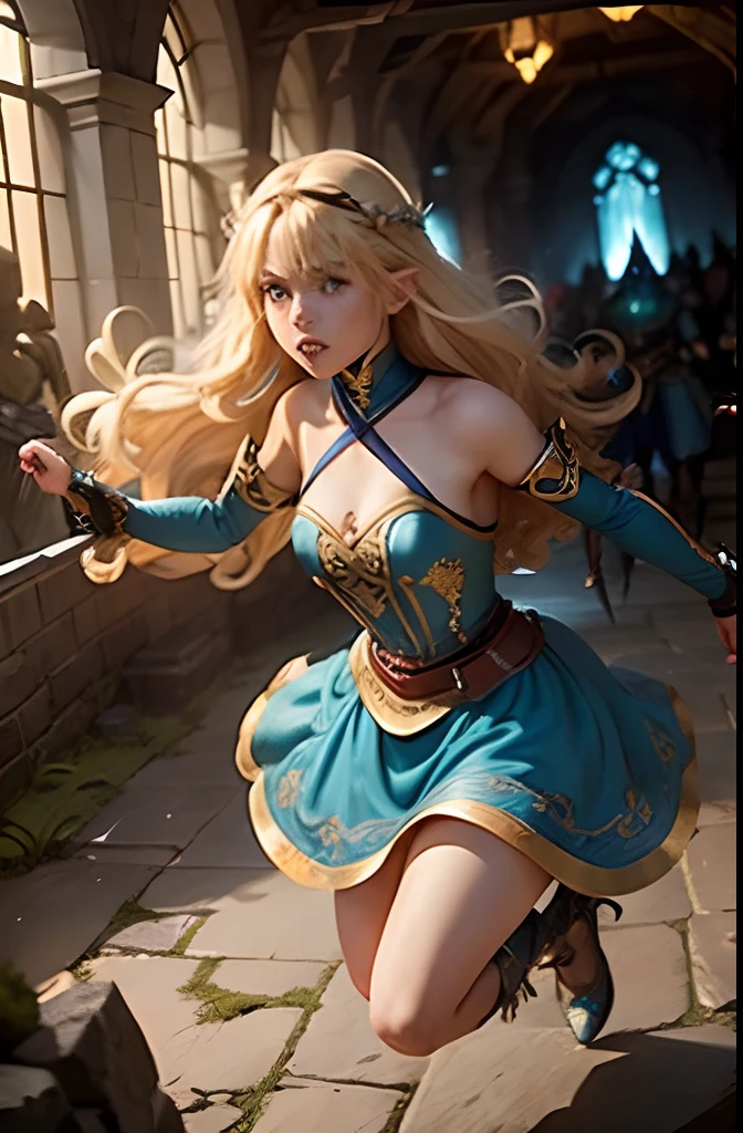 (1 girl) Blonde Elf. 25 years. Cyan eyes. (golden long curly hair, scattered in a mess:1.2). (Dirty blue dress with gold embroidery). high-heeled shoes. Beautiful Character Face. Detailed eyes and face, delicate features, (Sexy). She fights a goblin in the middle of an underground labyrinth. (1 A goblin boy attacks her and tries to knock her down), Stone walls, light mist. Outstretching Hands. Brandishing Weapons, fencing. Infighting. Anxious atmosphere. Fantasy theme,. dramatic  lighting. higly detailed. side-view.