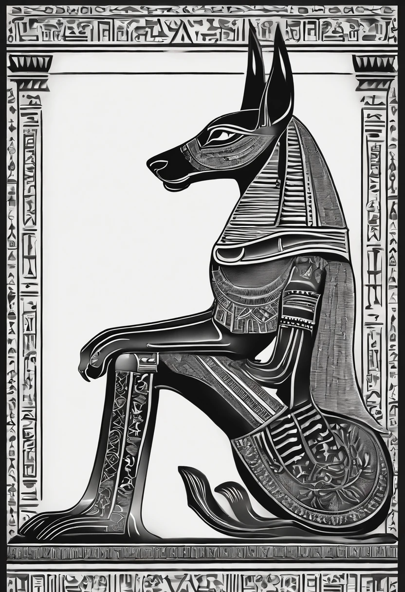Egyptian god Anubis, Black and White Hieroglyph Wall Background Side View Tattoo Style Details Fine Strokes