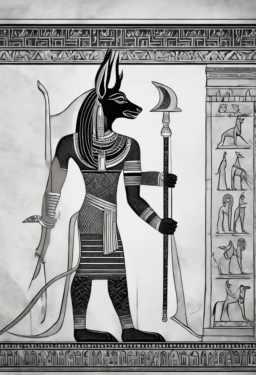 Egyptian god Anubis, Black and White Hieroglyph Wall Background Side View Tattoo Style Details Fine Strokes