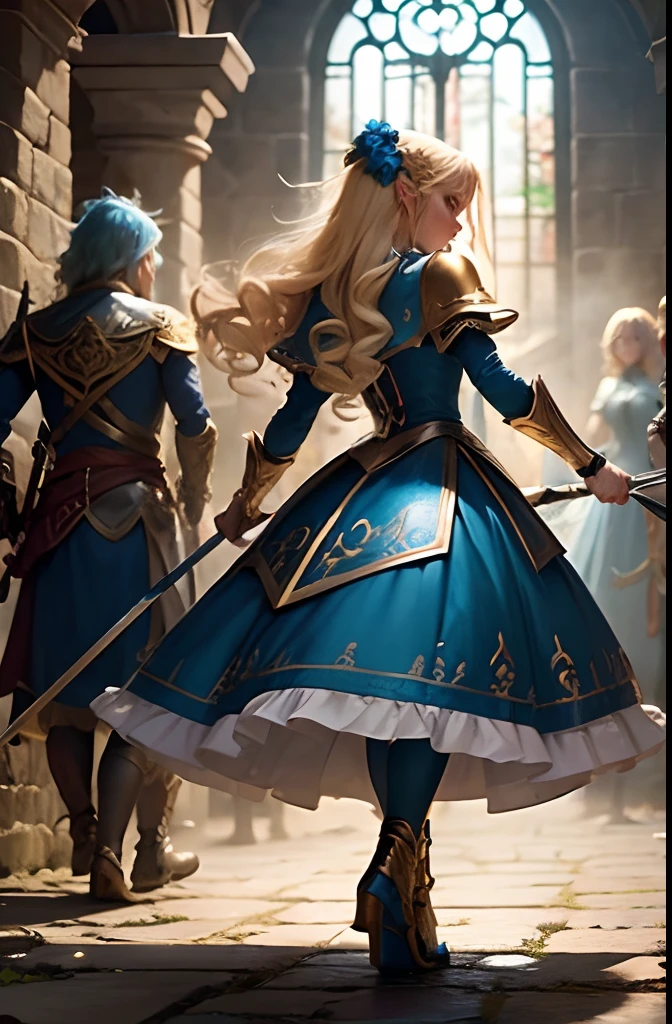 (1 girl) Blonde Elf. 25 years. Cyan eyes. (golden long curly hair, scattered in a mess:1.2). (Dirty blue dress with gold embroidery). high-heeled shoes. Beautiful Character Face. Detailed eyes and face, delicate features, (Sexy). She fights a goblin in the middle of an underground labyrinth. (1 A goblin boy attacks her and tries to grab her by the arms), Stone walls, light mist. Outstretching Hands. Brandishing Weapons, fencing. Infighting. Anxious atmosphere. Fantasy theme,. dramatic  lighting. higly detailed. side-view.