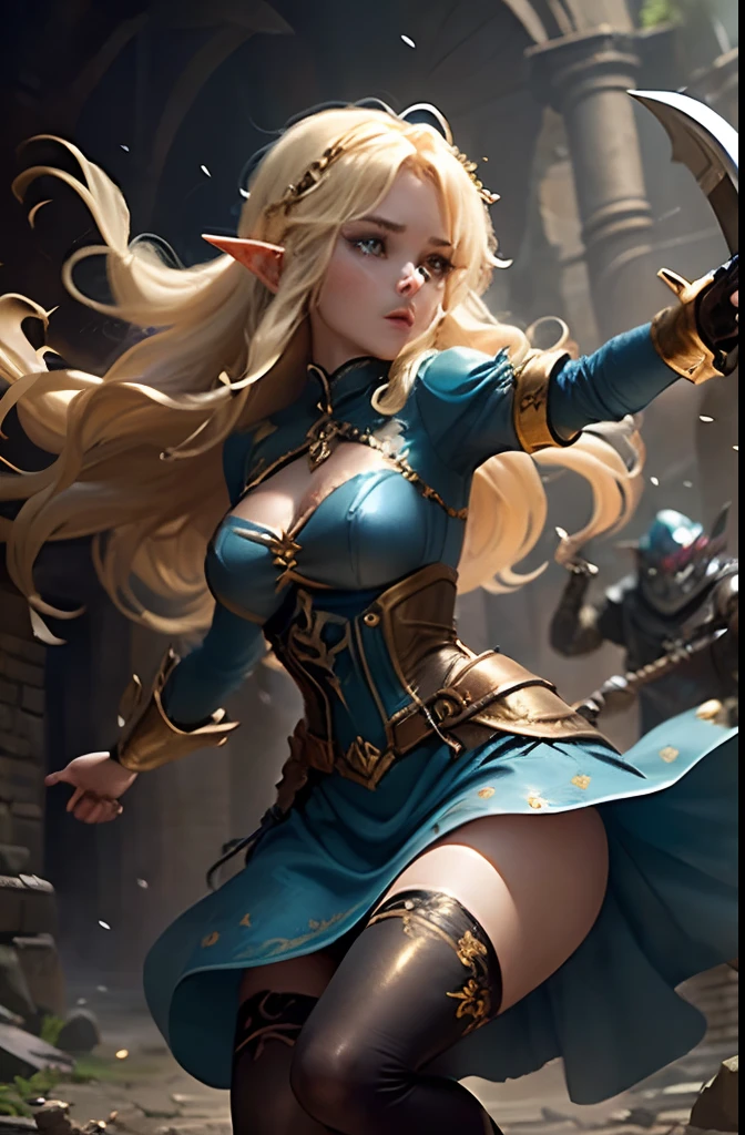 (1 girl) Blonde Elf. 25 years. Cyan eyes. (golden long curly hair, scattered in a mess:1.2). (Dirty blue dress with gold embroidery). high-heeled shoes. Beautiful Character Face. Detailed eyes and face, delicate features, (Sexy). She fights a goblin in the middle of an underground labyrinth. (1 Goblin Boy in Leather Clothes with Axe, attacks her and tries to grab her arms), Stone walls, light mist. Outstretching Hands. Brandishing Weapons, fencing. Infighting. Anxious atmosphere. Fantasy theme,. dramatic  lighting. higly detailed. side-view.