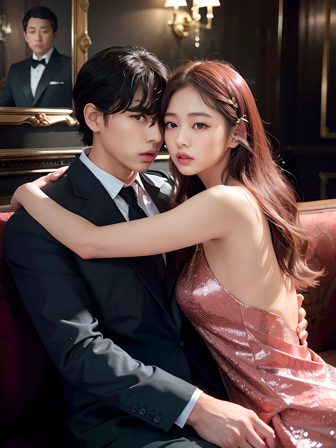 They are posing for a photo in a formal setting, Pareja encantadora, JIA, ji-min, Gunwoo Kim y J.Dickenson, & Jeehyung Lee & WLOP, Pose elegante y seductora, Yanjun Chengt, Taejune Kim, Elegante pose de glamour, Pose de pareja, Wonbin Lee, Una pareja elegante, Artista coreano, Impresionante pose elegante