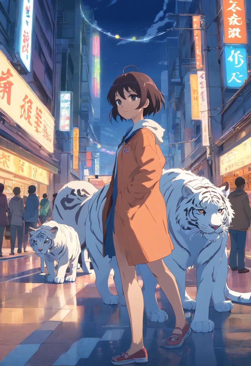 Eine Frau, in einen Anime-Stil umgewandelt, with a white tiger next to her, Standing on a lonely dark city street, Hintergrund mit Hintergrundbeleuchtung, der das Motiv hervorhebt, Kontrastreiche Farben, 4K high-definition quality