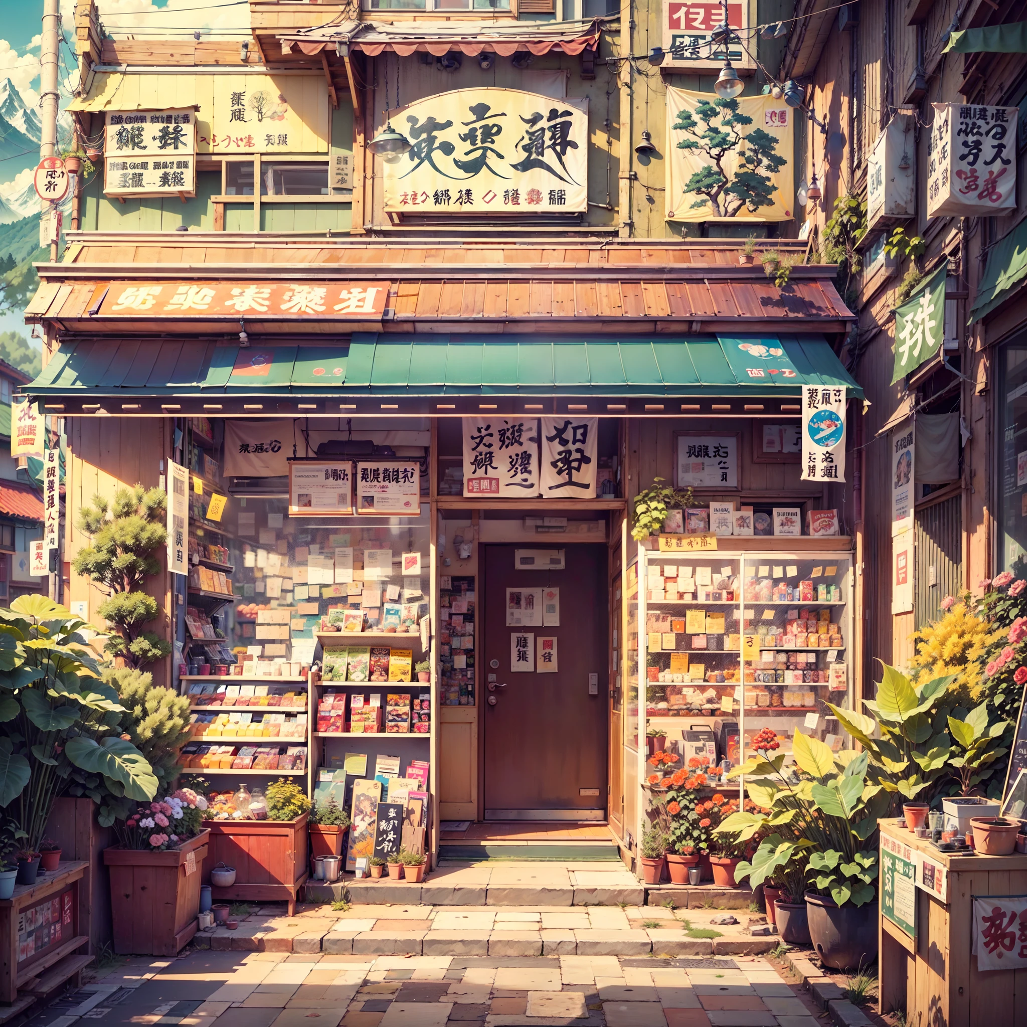 anime background, anime wallpaper, anime, anime style, lofi, lofi style, modern japanese street, mountains, uphill, modern japanese architecture, japanese convenience store, big retro japanese shop signs, retro japanese store, trees, plants, rocks, plant pots, shop signs, japanese banners, japanese signs, flags, sunrise, golden hour, golden lighting, empty street, no one in sight, (no one: 1), best quality