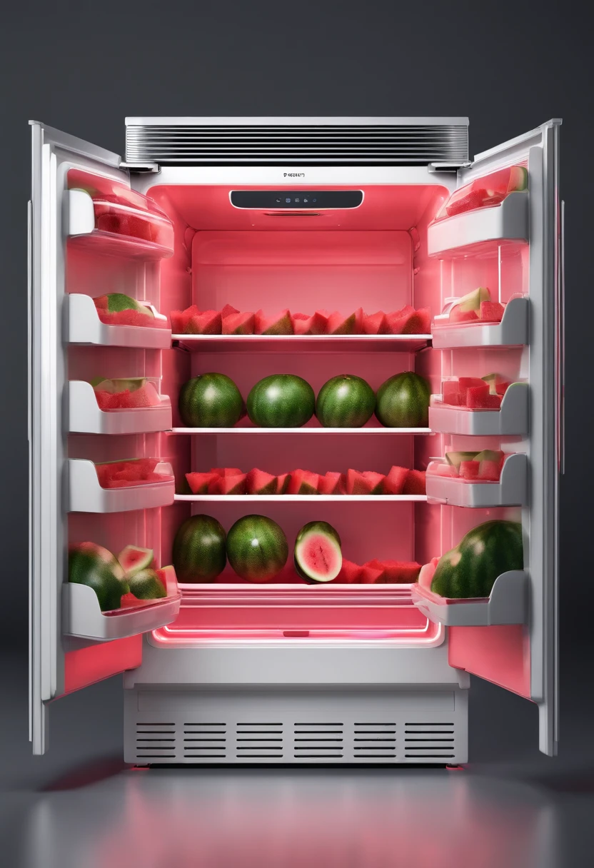 An open white fridge full to the bim wtih watermelon inside of it. There is only watermelon iside of fridge. Draw watermelon spilling out of fridge onto he floor