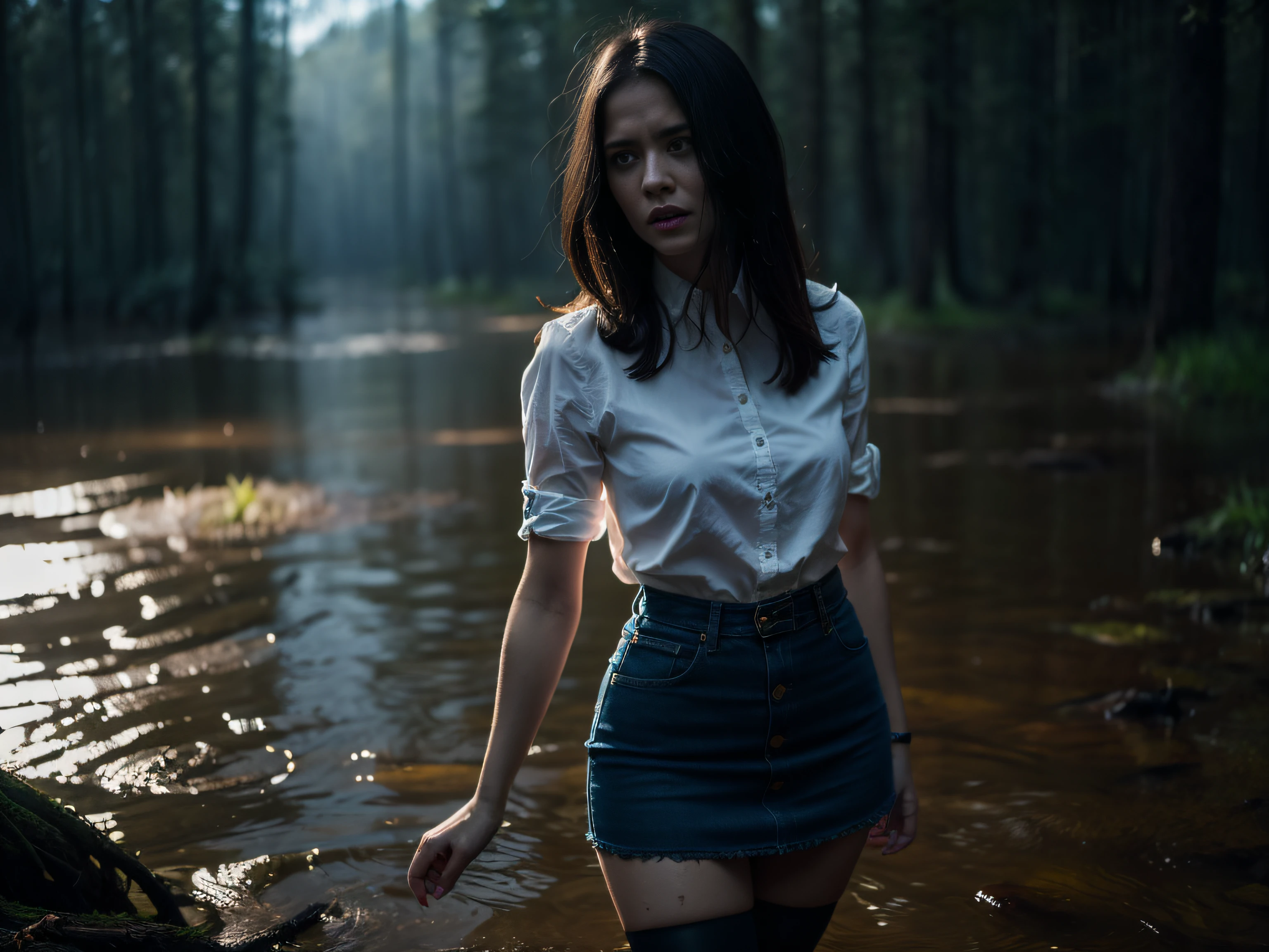 (Best Quality,hight resolution:1.2),The woman,Expressive wrinkles,Bob haircut,jeans skirt,blouse,(dark lace stockings with garters), ( drowning in a swamp:1.2),Detailed eyes and face,expression of despair,Dark and moody lighting,ominous vibe,desperation,trap, (Imminent Doom:1.2), Psychological thriller, At the mercy of shameful desires