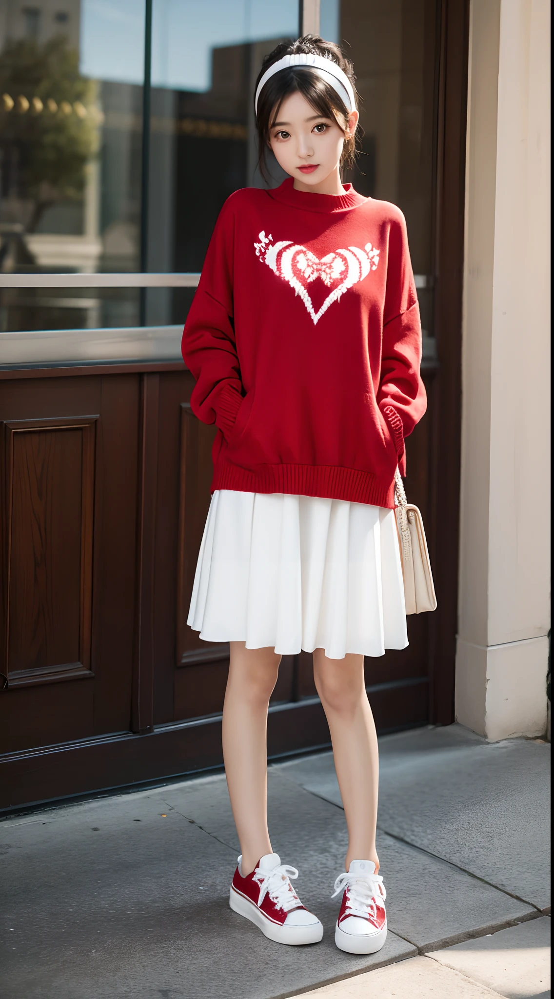 masterpiece, best quality, genny, hairband, red sweater, frilly white skirt, sneakers, standing, looking at viewer