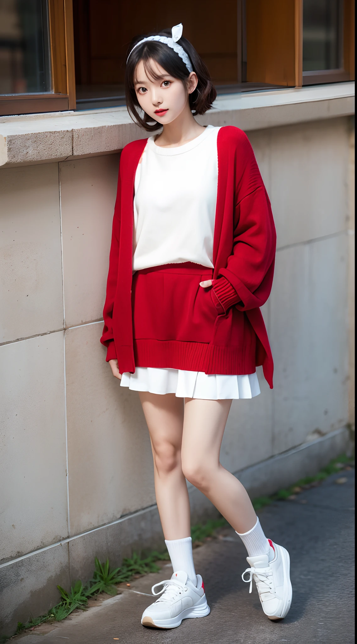 masterpiece, best quality, genny, hairband, red sweater, frilly white skirt, sneakers, standing, looking at viewer