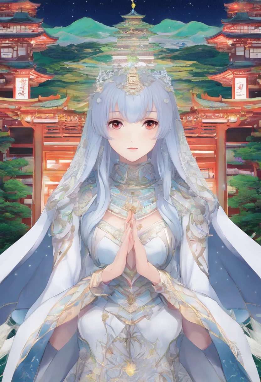 Hyper-photo 3D witch,White traditional costume staff,Join the temple in the background,Green mountains,full bodyesbian,Face front,the night,Nine stars in a row,Head ornaments